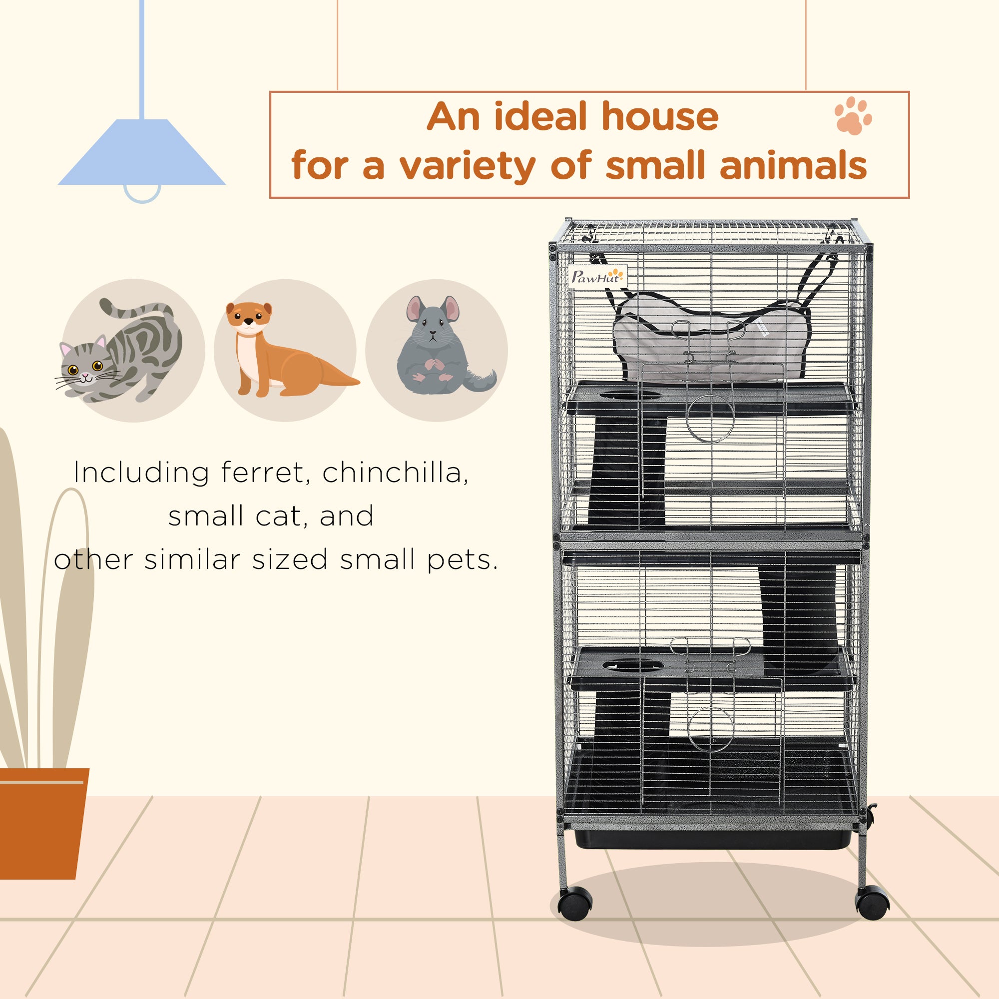 PawHut 4-Tier Rolling Small Animal Cage, Deluxe Guinea Pig Cage, Ferret Cage for Mink Chinchilla Kitten Rabbit, Small Pet Play House with Hammock Platform, Ramp, Removable Tray, Silver Grey