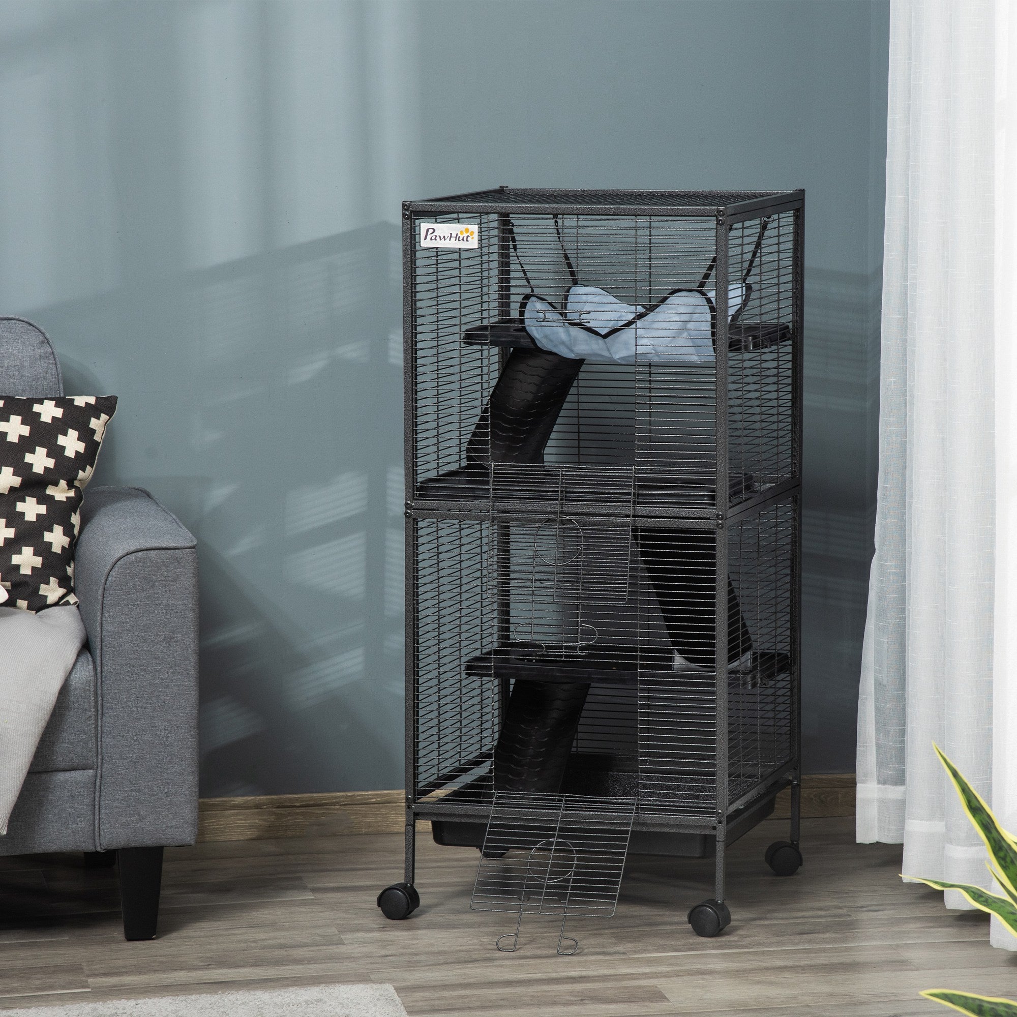 PawHut Small Animal Cage with Wheels Pet Home for Chinchillas Ferrets Kittens, with Hammock, 4 Platforms, Removable Tray, Silver