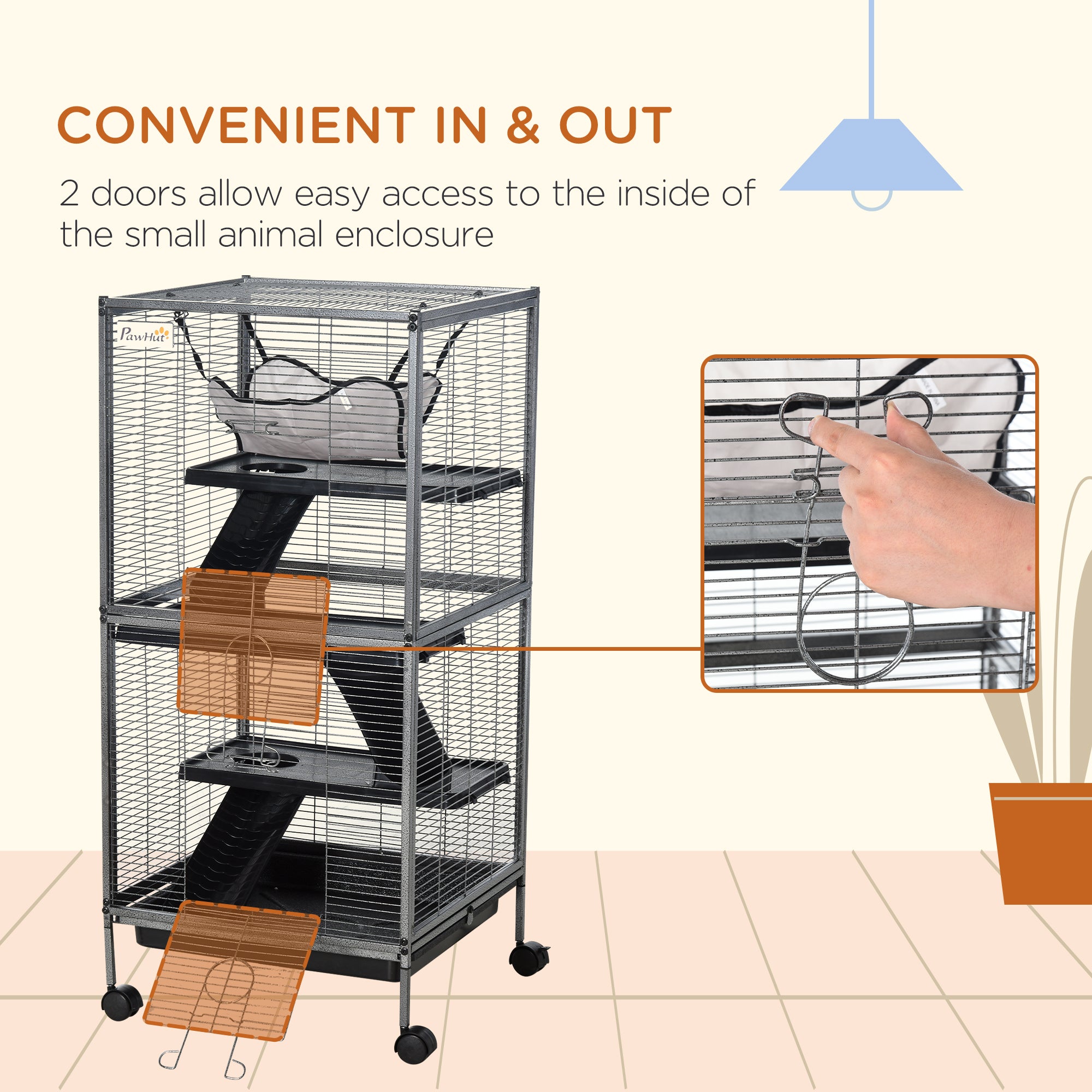 PawHut 4-Tier Rolling Small Animal Cage, Deluxe Guinea Pig Cage, Ferret Cage for Mink Chinchilla Kitten Rabbit, Small Pet Play House with Hammock Platform, Ramp, Removable Tray, Silver Grey