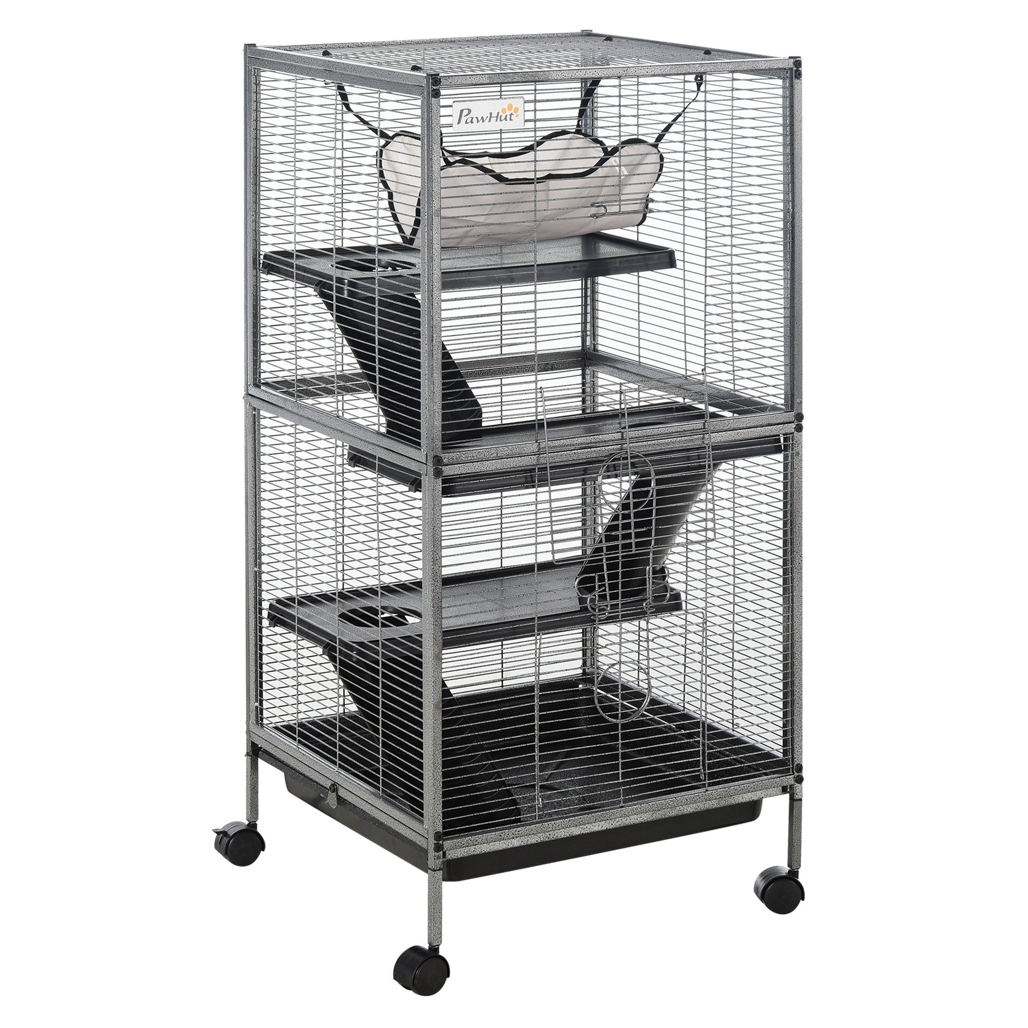 PawHut 4-Tier Rolling Small Animal Cage, Deluxe Guinea Pig Cage, Ferret Cage for Mink Chinchilla Kitten Rabbit, Small Pet Play House with Hammock Platform, Ramp, Removable Tray, Silver Grey