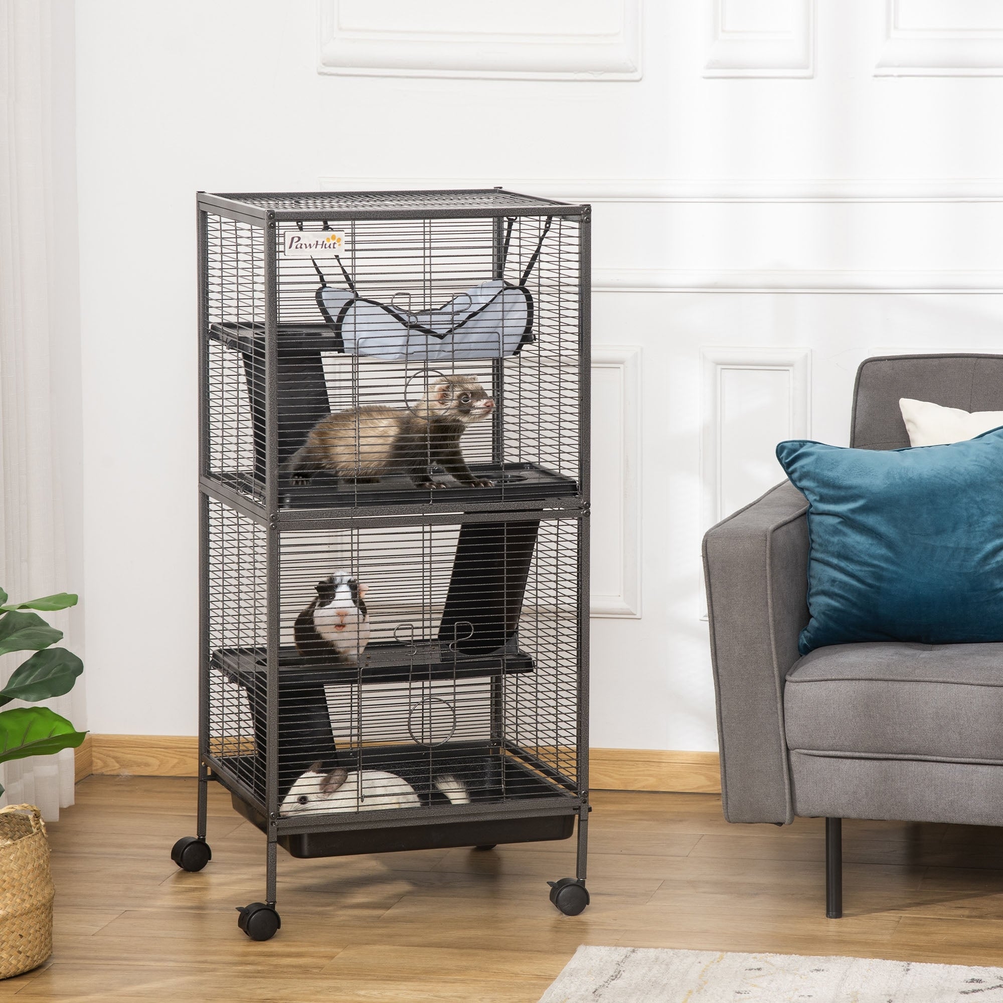 PawHut 4-Tier Rolling Small Animal Cage, Deluxe Guinea Pig Cage, Ferret Cage for Mink Chinchilla Kitten Rabbit, Small Pet Play House with Hammock Platform, Ramp, Removable Tray, Silver Grey