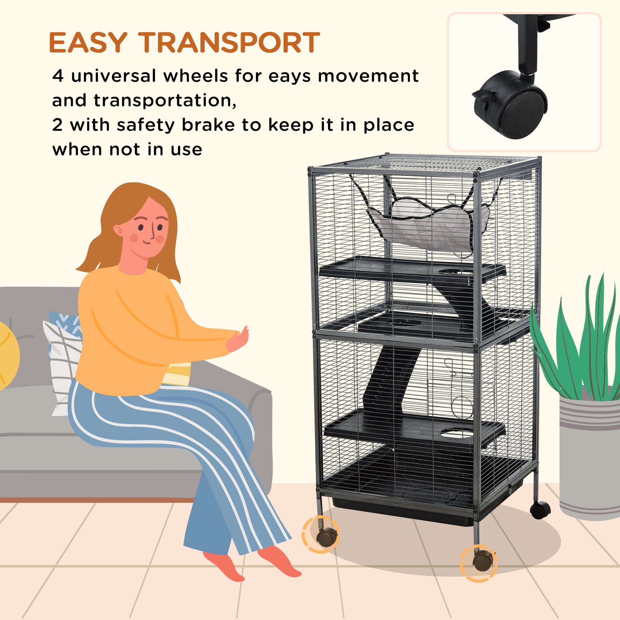 PawHut 4-Tier Rolling Small Animal Cage, Deluxe Guinea Pig Cage, Ferret Cage for Mink Chinchilla Kitten Rabbit, Small Pet Play House with Hammock Platform, Ramp, Removable Tray, Silver Grey