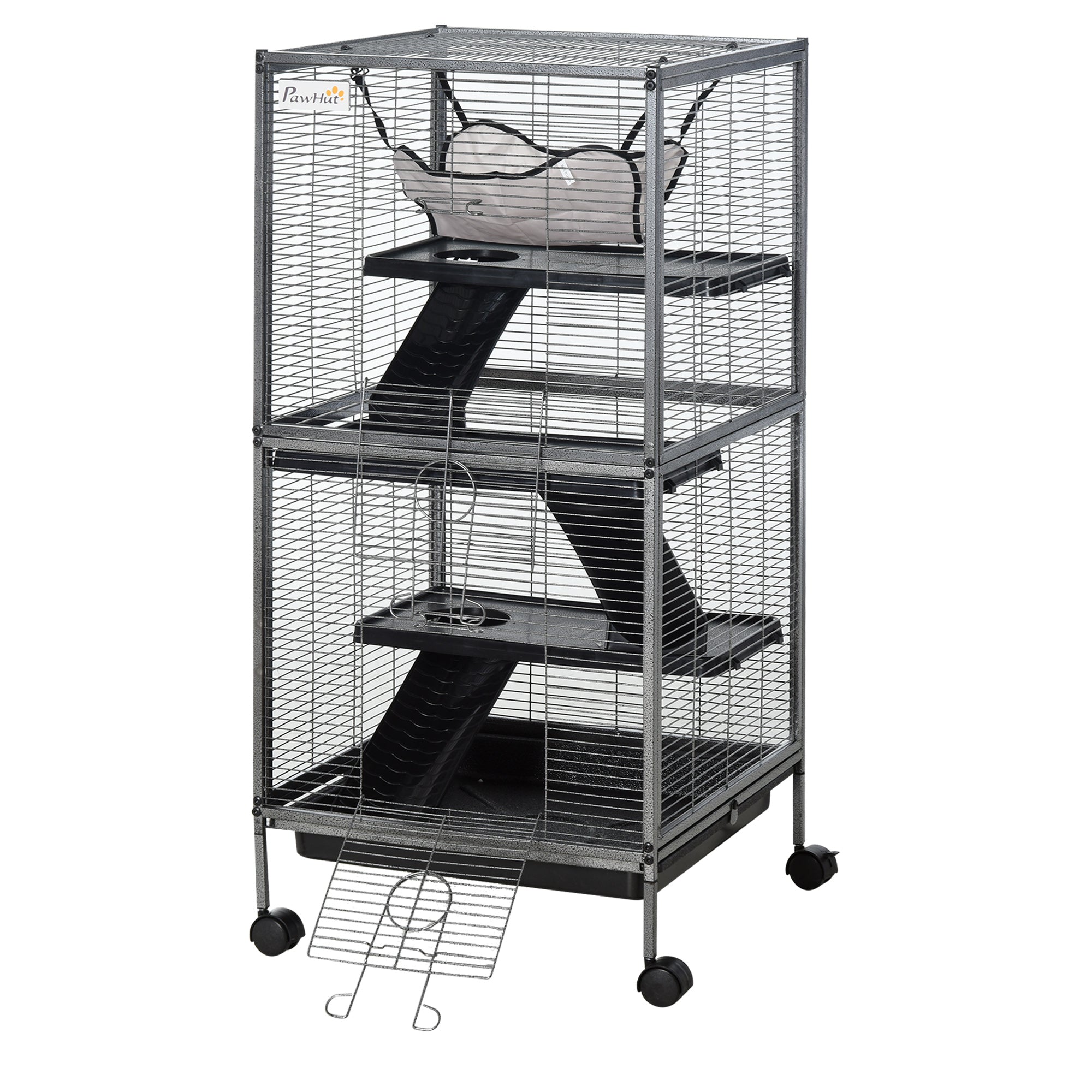 PawHut 4-Tier Rolling Small Animal Cage, Deluxe Guinea Pig Cage, Ferret Cage for Mink Chinchilla Kitten Rabbit, Small Pet Play House with Hammock Platform, Ramp, Removable Tray, Silver Grey