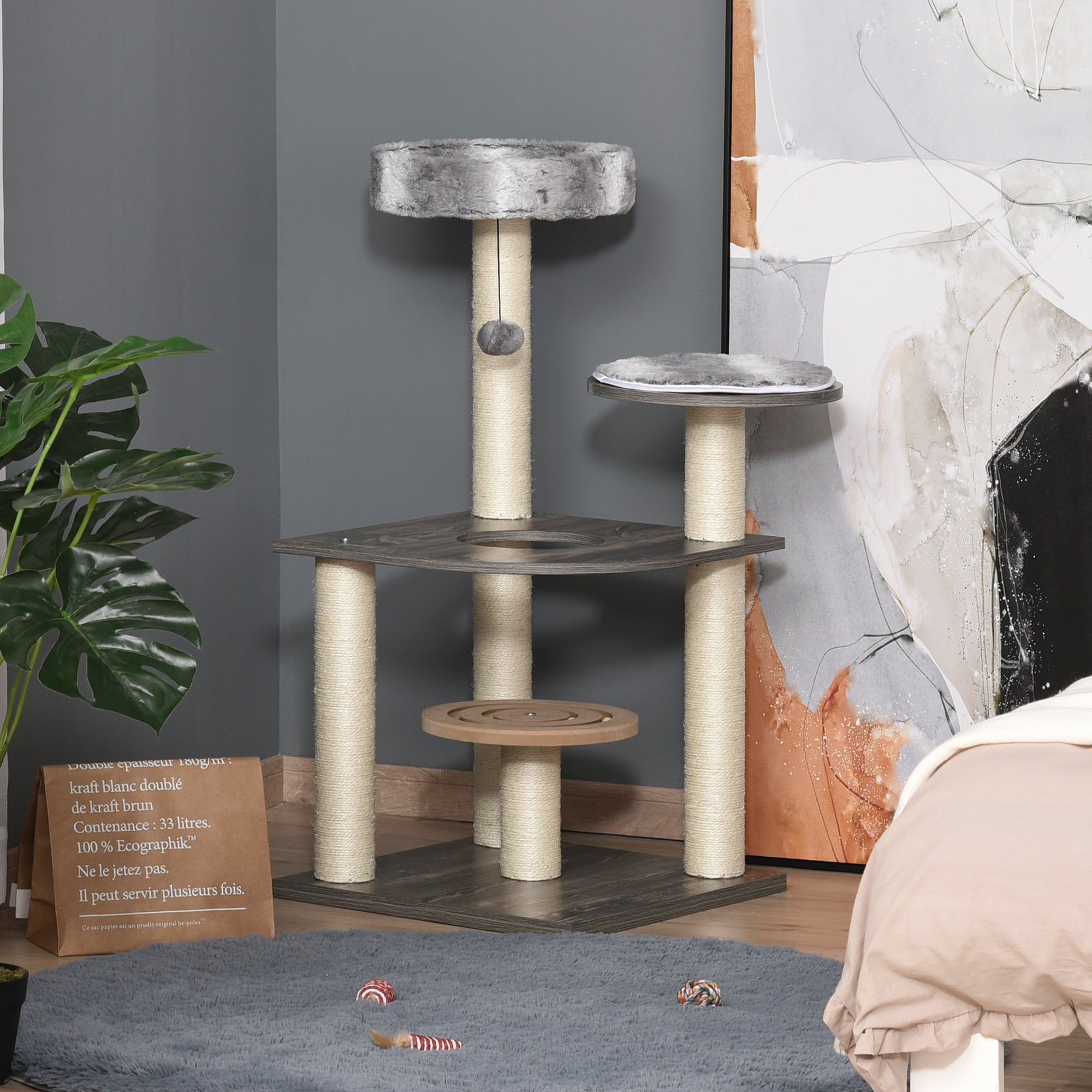 PawHut 40.5"H Modern Cat Tree for Indoor Cats, Sisal Scratching Post for Kitten, Activity Center Furniture with Round Toy Perch Hanging Balls, Grey