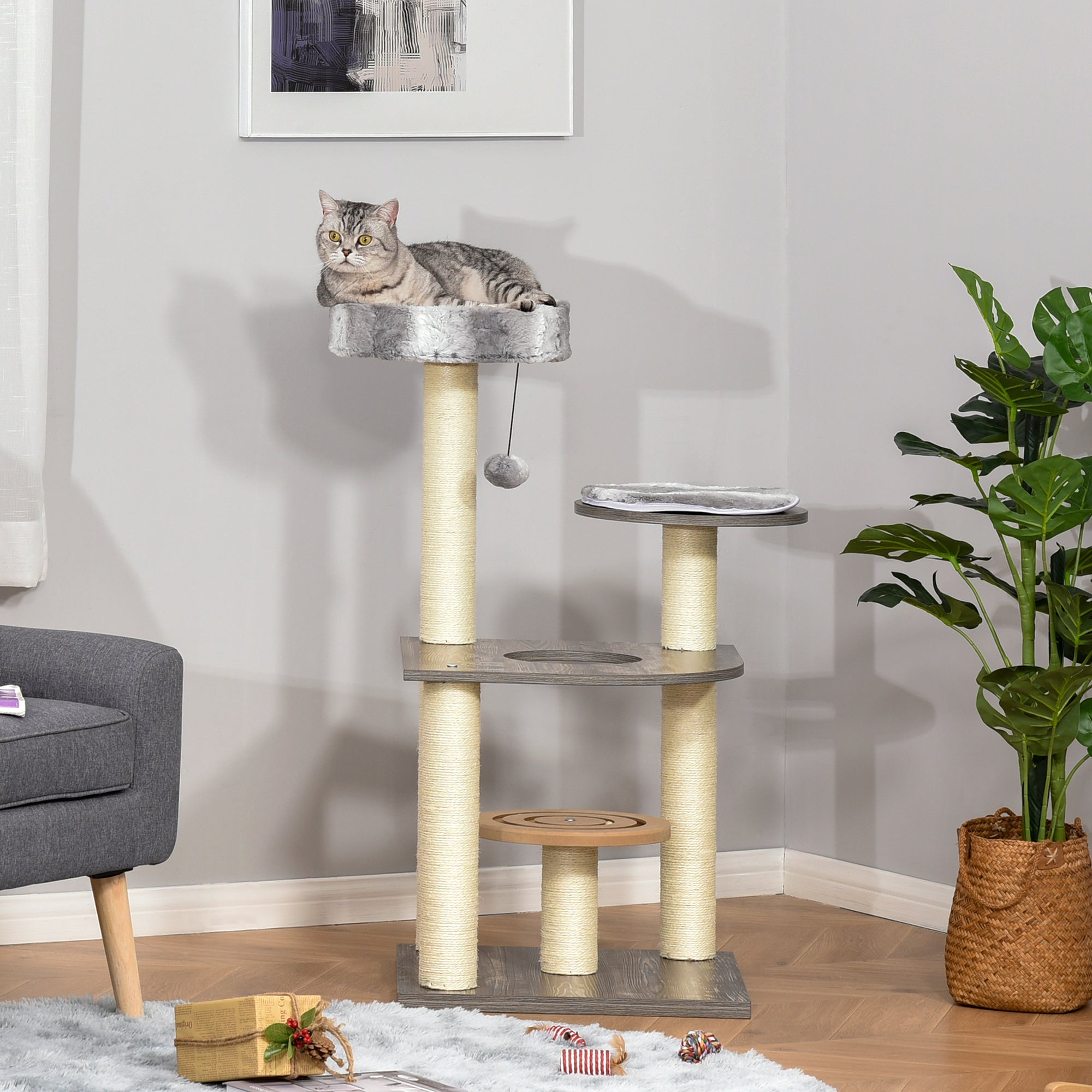 PawHut 40.5"H Modern Cat Tree for Indoor Cats, Sisal Scratching Post for Kitten, Activity Center Furniture with Round Toy Perch Hanging Balls, Grey