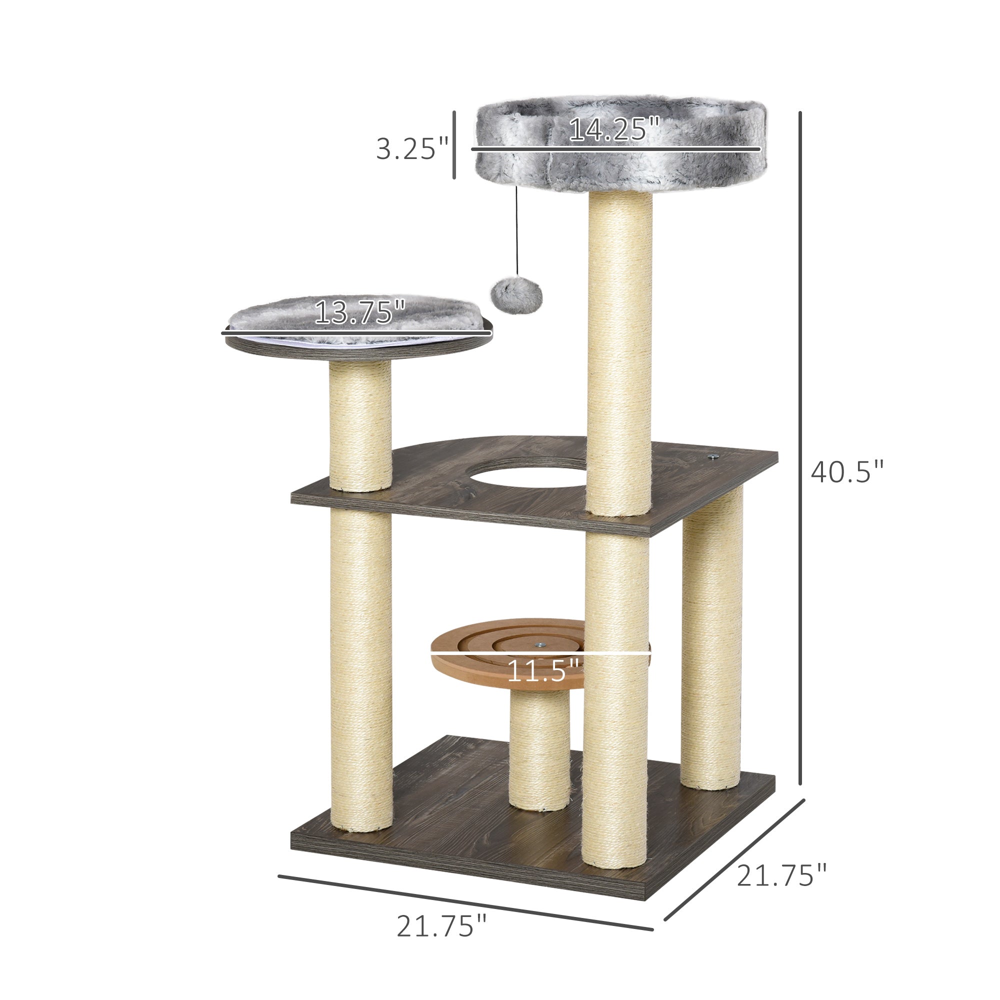 PawHut 40.5"H Modern Cat Tree for Indoor Cats, Sisal Scratching Post for Kitten, Activity Center Furniture with Round Toy Perch Hanging Balls, Grey