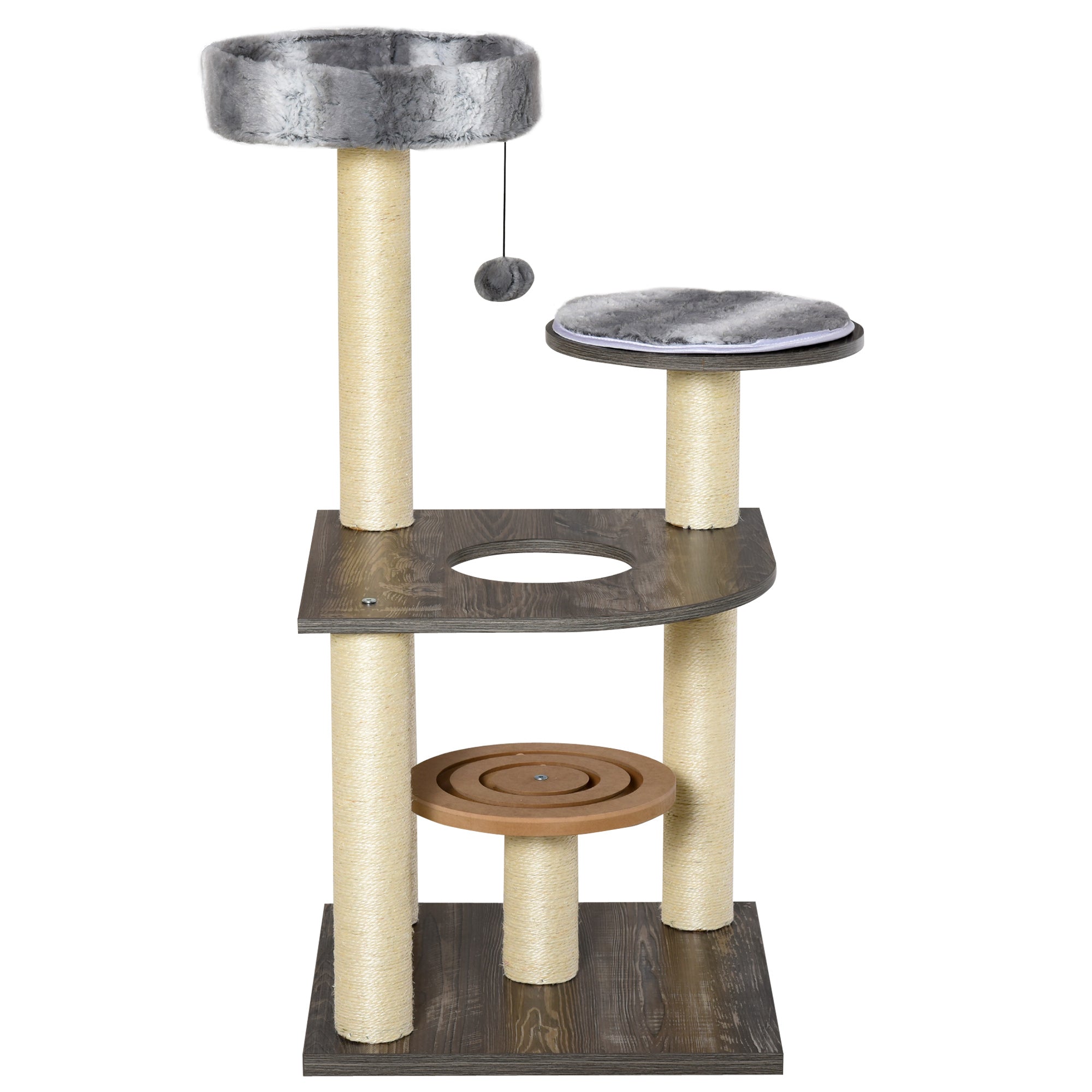 PawHut 40.5"H Modern Cat Tree for Indoor Cats, Sisal Scratching Post for Kitten, Activity Center Furniture with Round Toy Perch Hanging Balls, Grey