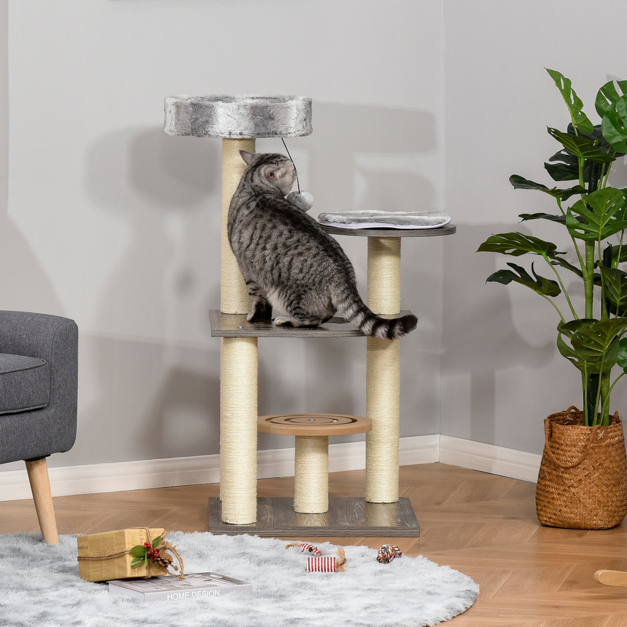 PawHut 40.5"H Modern Cat Tree for Indoor Cats, Sisal Scratching Post for Kitten, Activity Center Furniture with Round Toy Perch Hanging Balls, Grey