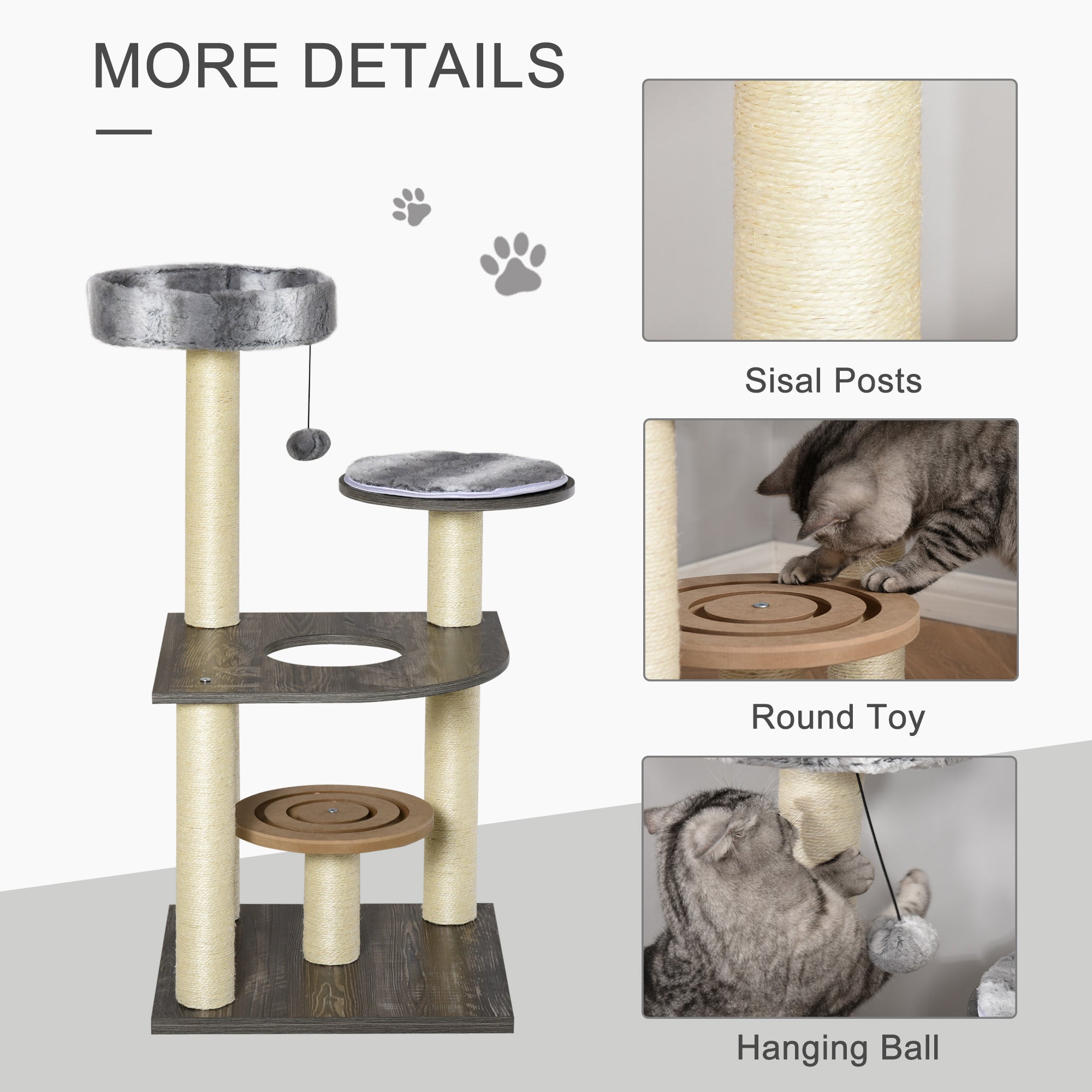 PawHut 40.5"H Modern Cat Tree for Indoor Cats, Sisal Scratching Post for Kitten, Activity Center Furniture with Round Toy Perch Hanging Balls, Grey