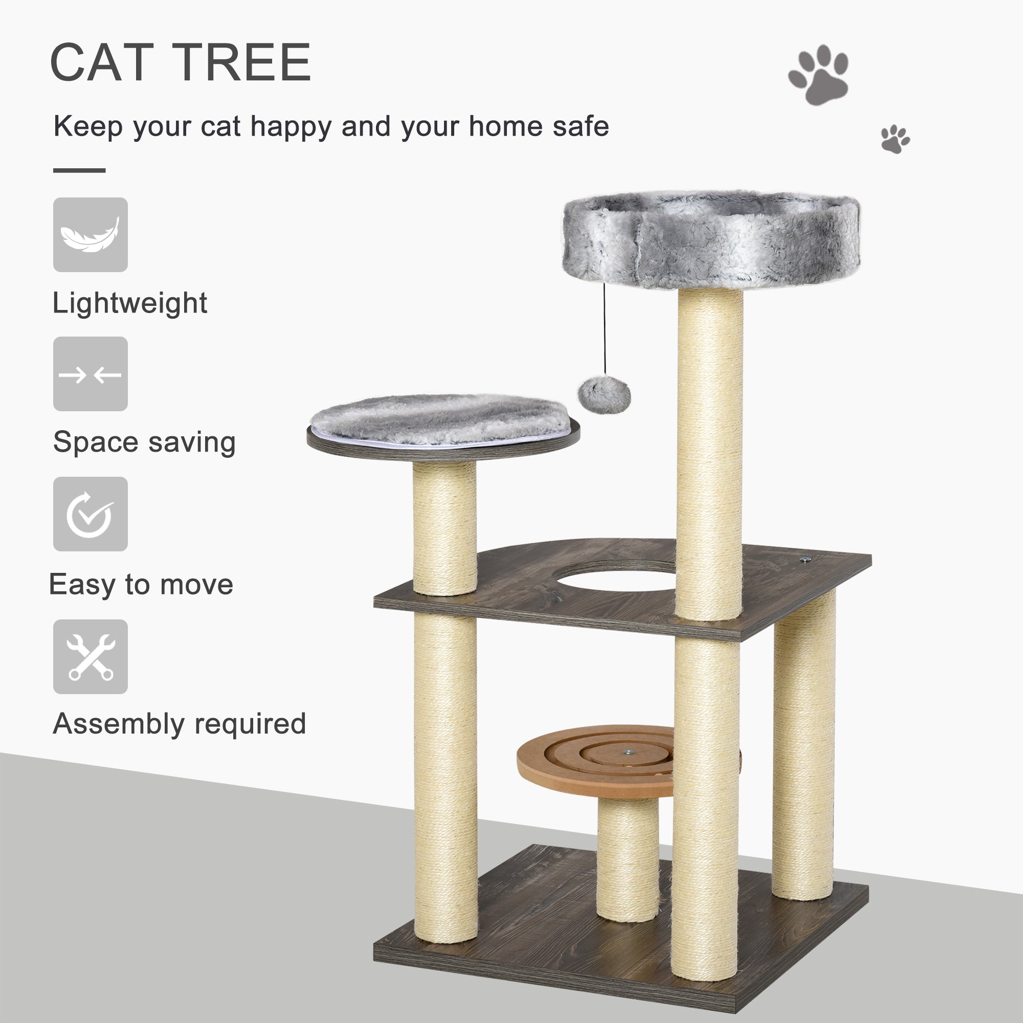 PawHut 40.5"H Modern Cat Tree for Indoor Cats, Sisal Scratching Post for Kitten, Activity Center Furniture with Round Toy Perch Hanging Balls, Grey