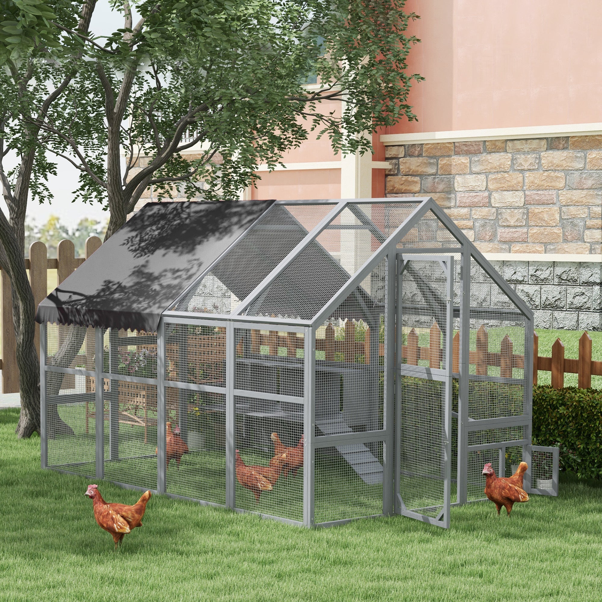 PawHut Large Chicken Run, Wooden Chicken Coop with Waterproof & Anti-UV Cover, Split Door, 4 Nesting Boxes, Roosting Bar, Walk-in Chicken Pen for 8-12 Chickens, for Backyard, Farm, 9' x 6' x 6'
