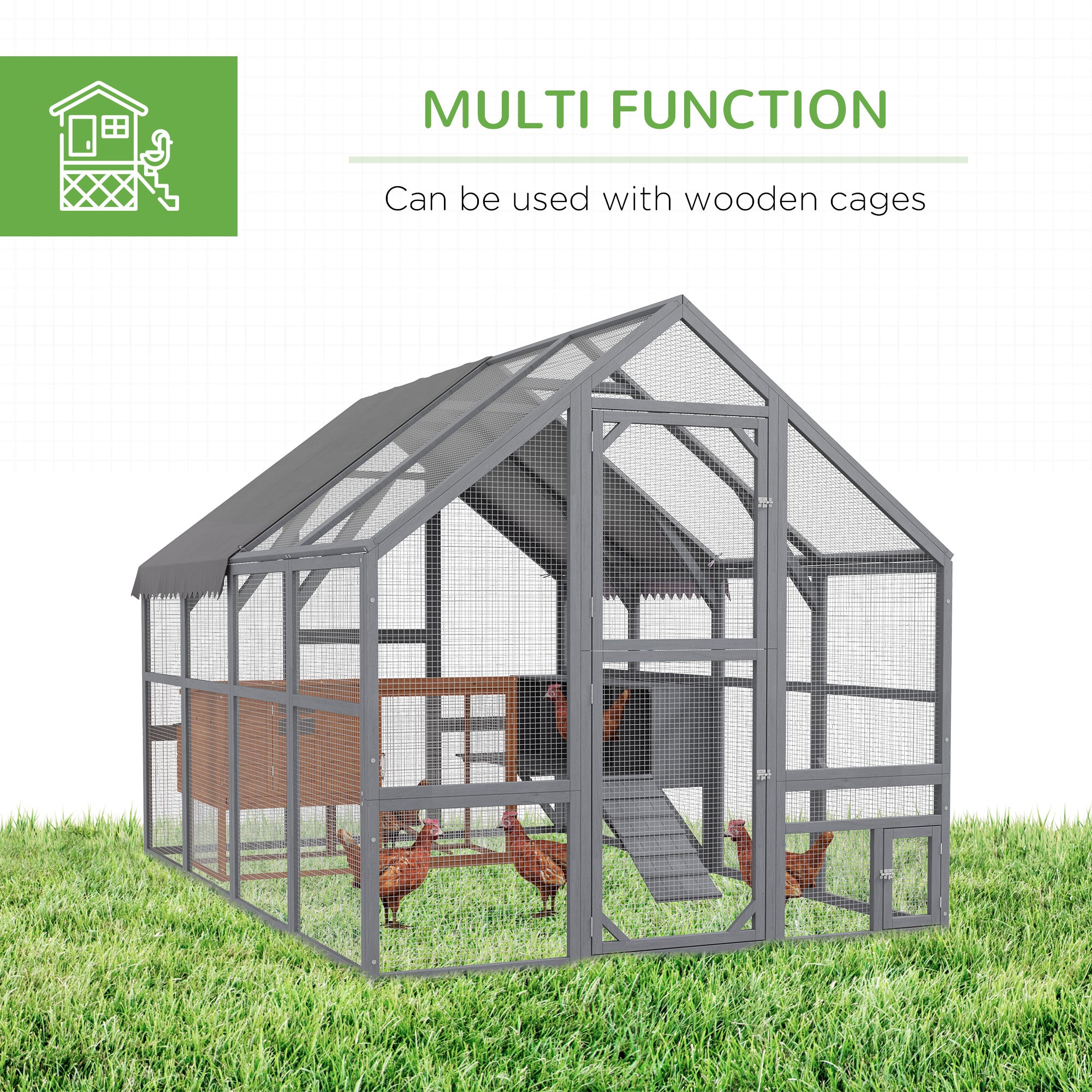 PawHut Large Chicken Run, Wooden Chicken Coop with Waterproof & Anti-UV Cover, Split Door, 4 Nesting Boxes, Roosting Bar, Walk-in Chicken Pen for 8-12 Chickens, for Backyard, Farm, 9' x 6' x 6'