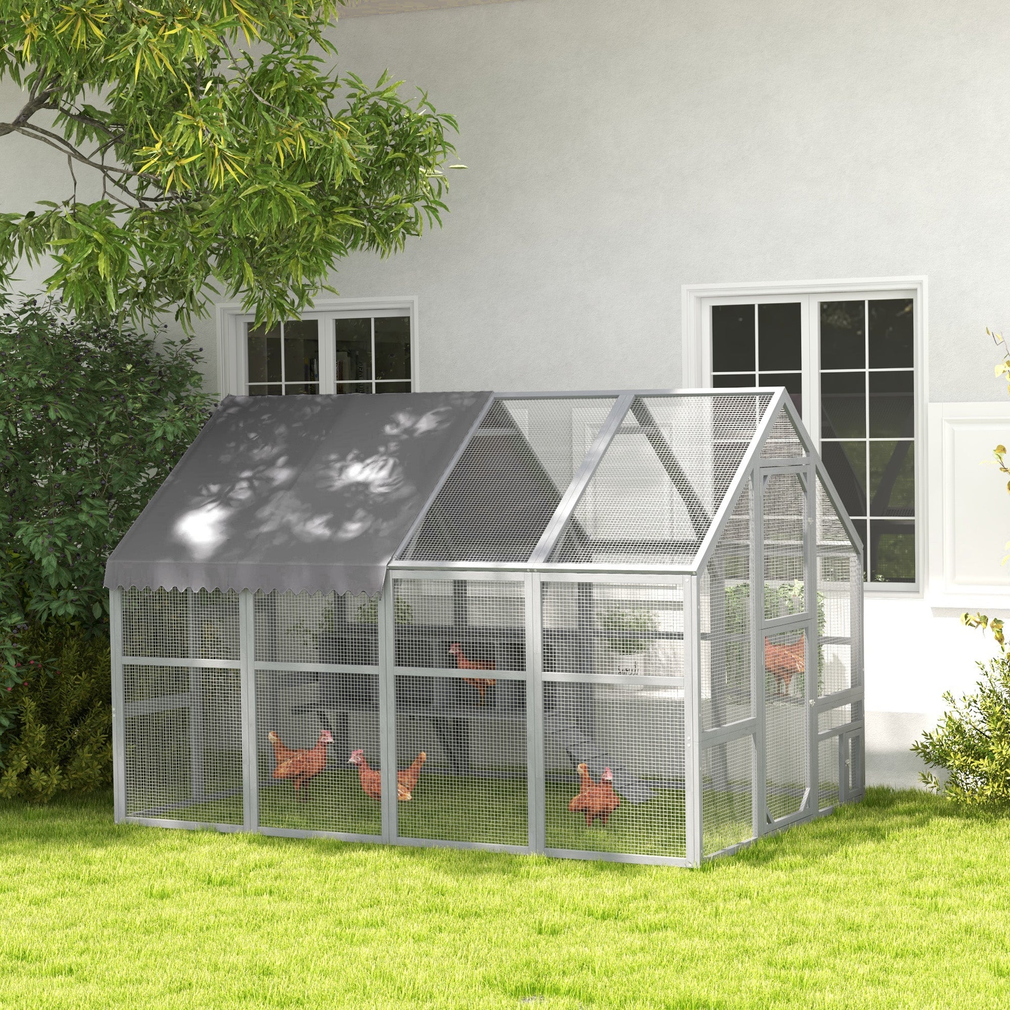 PawHut Large Chicken Run, Wooden Chicken Coop with Waterproof & Anti-UV Cover, Split Door, 4 Nesting Boxes, Roosting Bar, Walk-in Chicken Pen for 8-12 Chickens, for Backyard, Farm, 9' x 6' x 6'