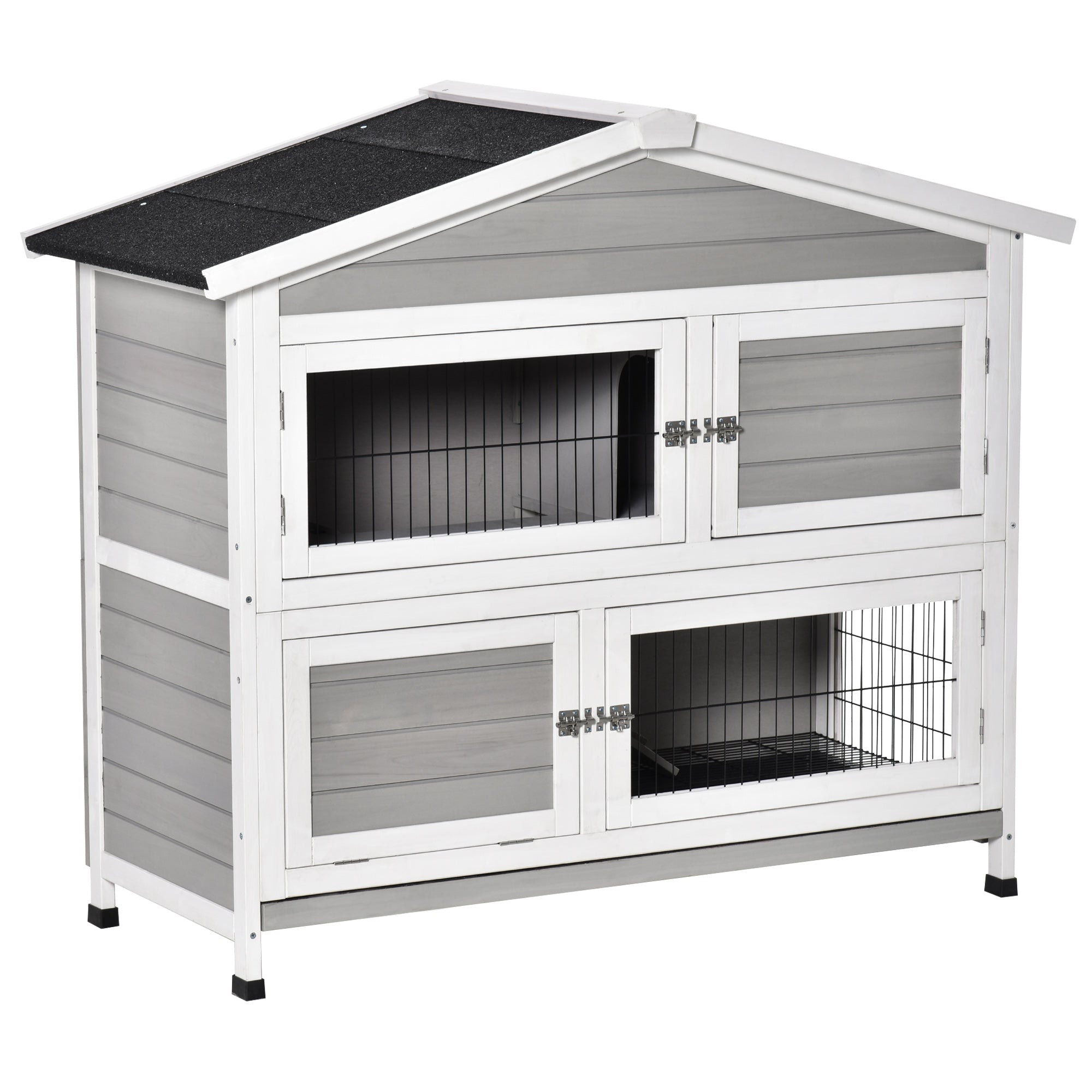 PawHut 48" 2-Story Rabbit Hutch Wooden Bunny Cage Small Animal Habitat with Ramp, No Leak Tray and Weatherproof Asphalt Roof, Indoor/Outdoor Light Grey