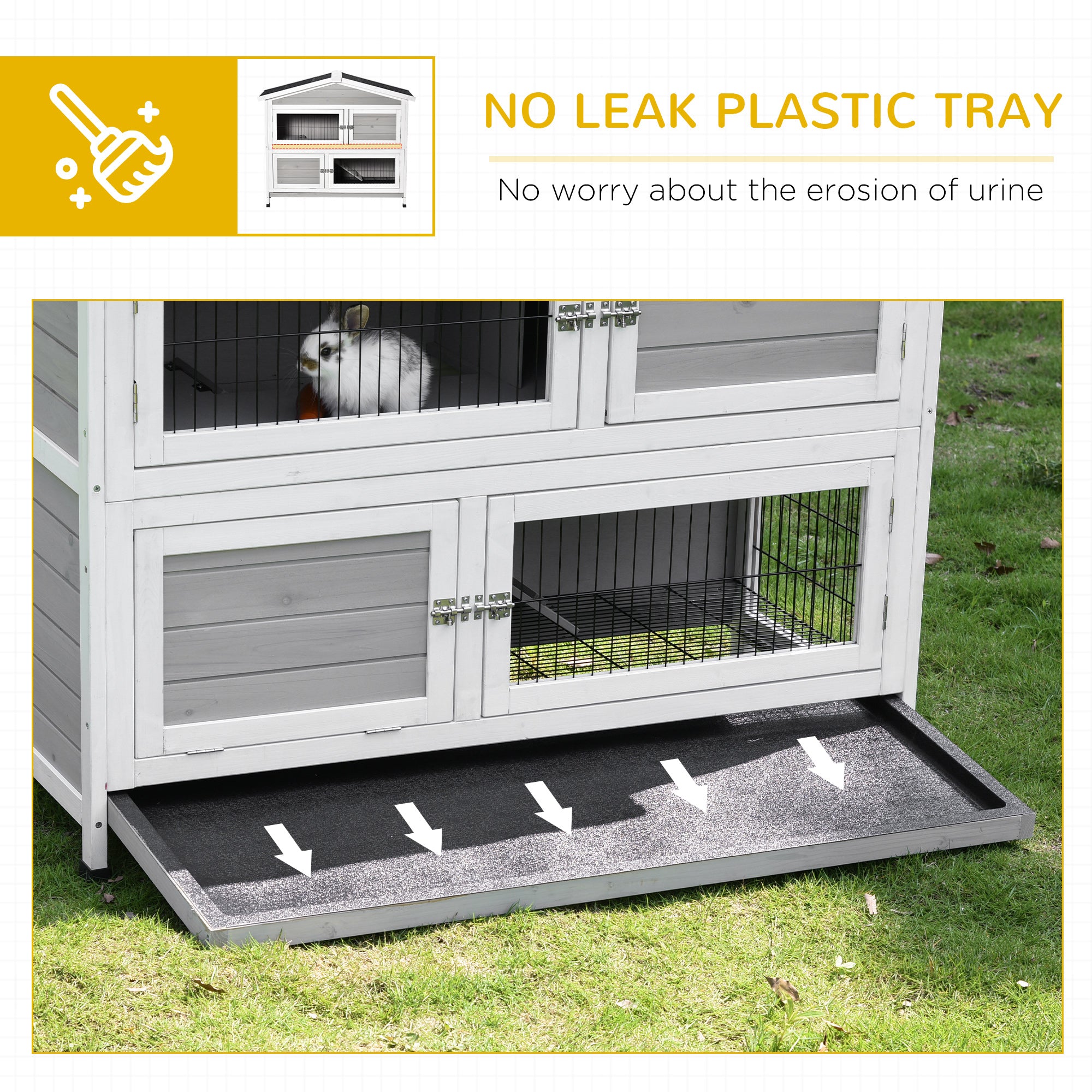 PawHut 48" 2-Story Rabbit Hutch Wooden Bunny Cage Small Animal Habitat with Ramp, No Leak Tray and Weatherproof Asphalt Roof, Indoor/Outdoor Light Grey