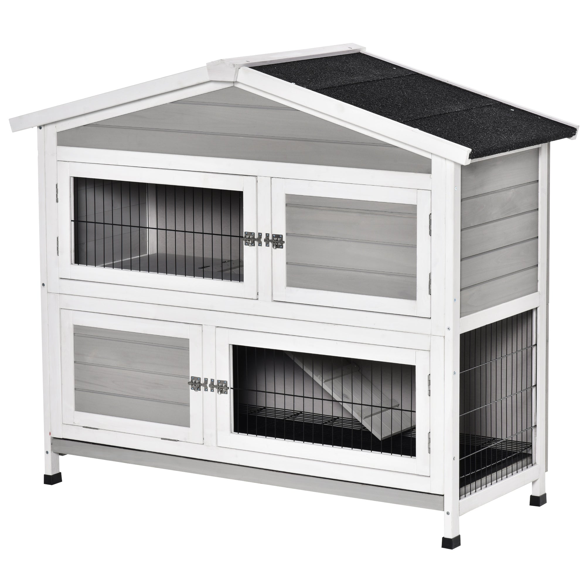 PawHut 48" 2-Story Rabbit Hutch Wooden Bunny Cage Small Animal Habitat with Ramp, No Leak Tray and Weatherproof Asphalt Roof, Indoor/Outdoor Light Grey