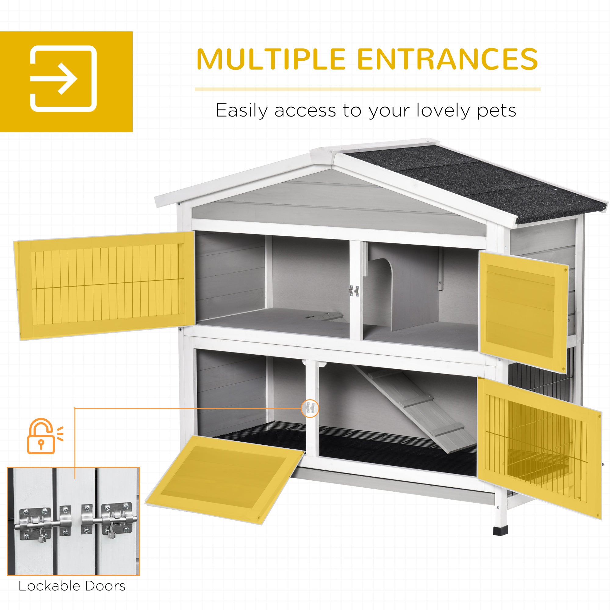 PawHut 48" 2-Story Rabbit Hutch Wooden Bunny Cage Small Animal Habitat with Ramp, No Leak Tray and Weatherproof Asphalt Roof, Indoor/Outdoor Light Grey