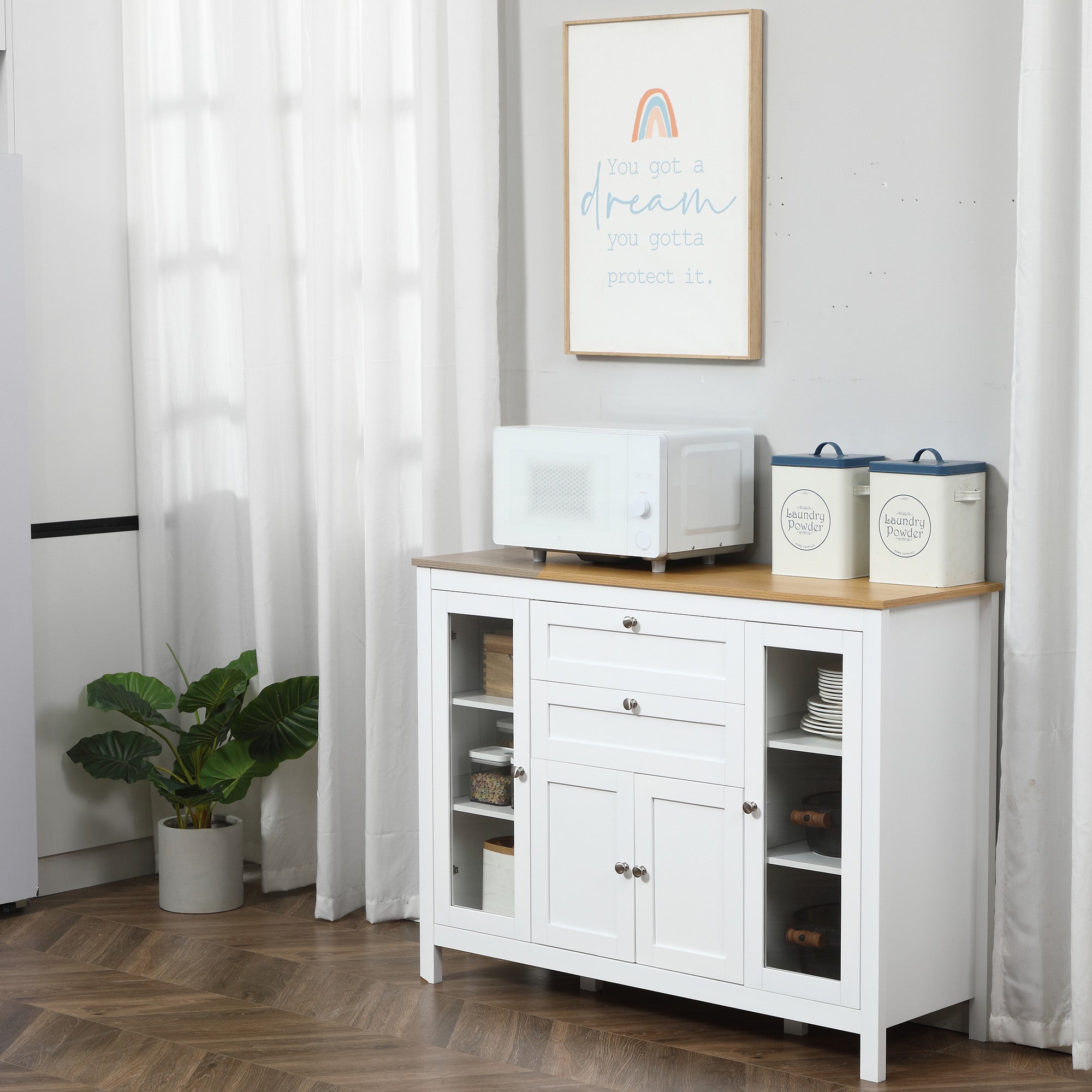 HOMCOM Sideboard Buffet Cabinet with 2 Drawers 3 Storage Cabinets, Coffee Bar Cabinet with Glass Doors, Kitchen Cabinet with Adjustable Shelves, Oak White