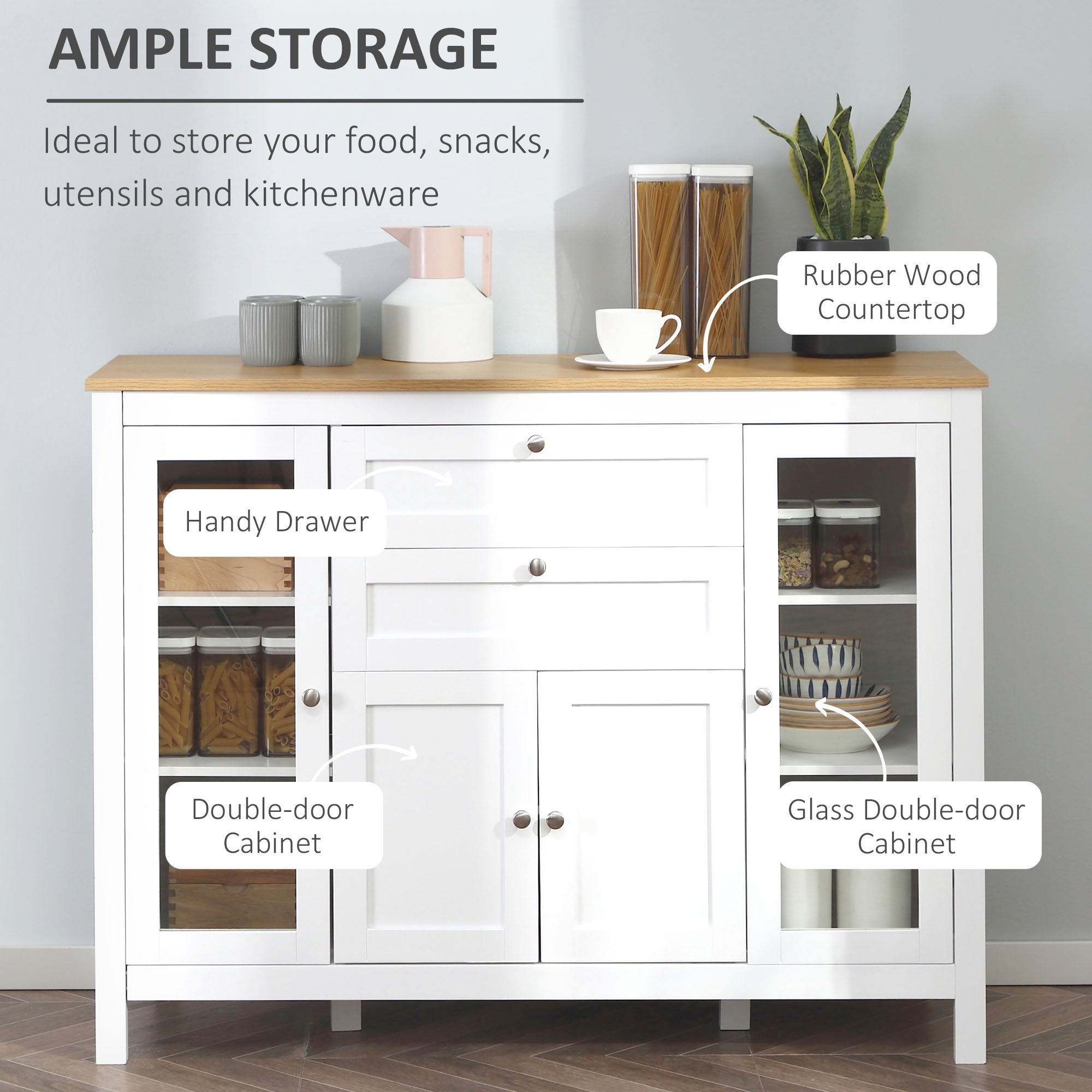HOMCOM Sideboard Buffet Cabinet with 2 Drawers 3 Storage Cabinets, Coffee Bar Cabinet with Glass Doors, Kitchen Cabinet with Adjustable Shelves, Oak White