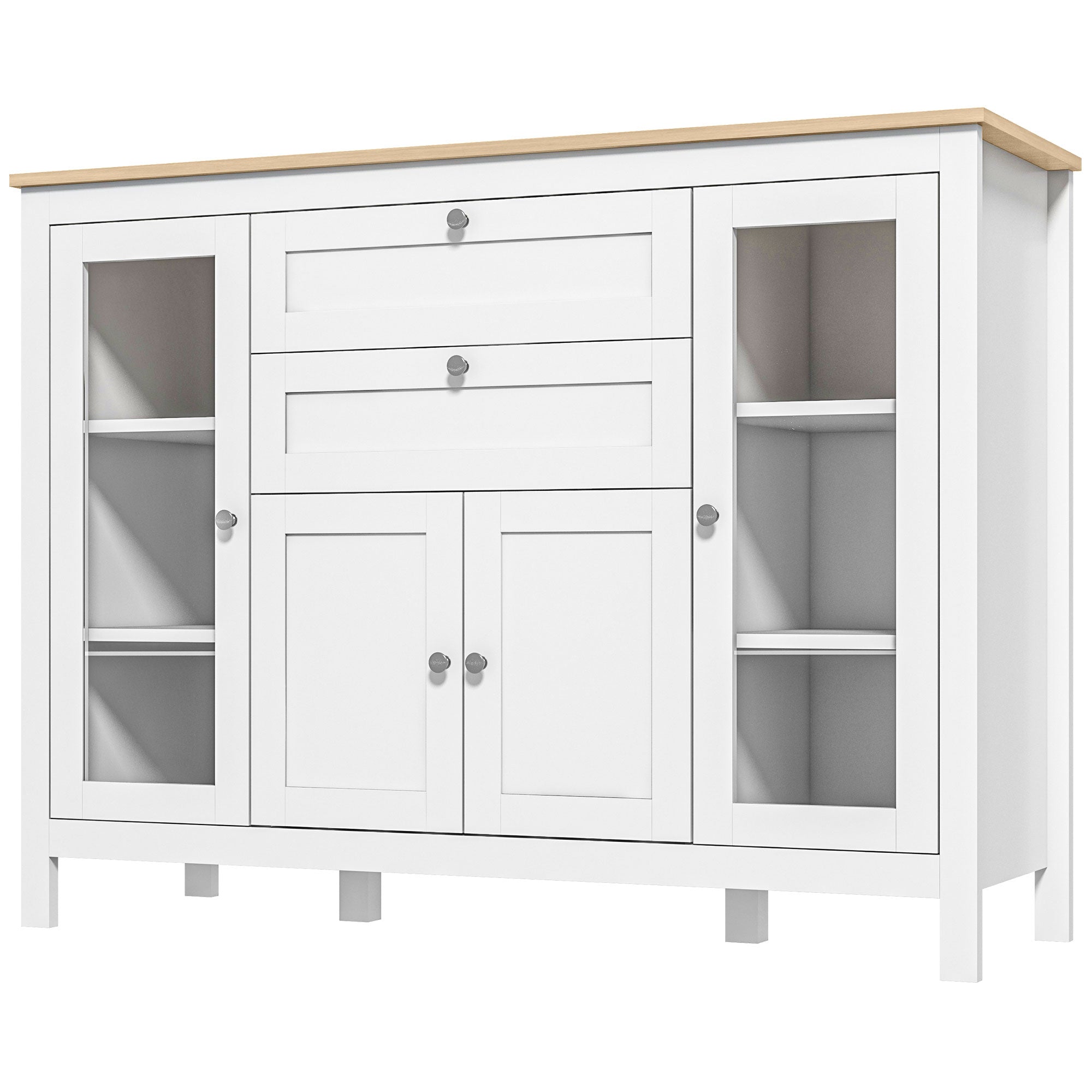 HOMCOM Sideboard Buffet Cabinet with 2 Drawers 3 Storage Cabinets, Coffee Bar Cabinet with Glass Doors, Kitchen Cabinet with Adjustable Shelves, Oak White