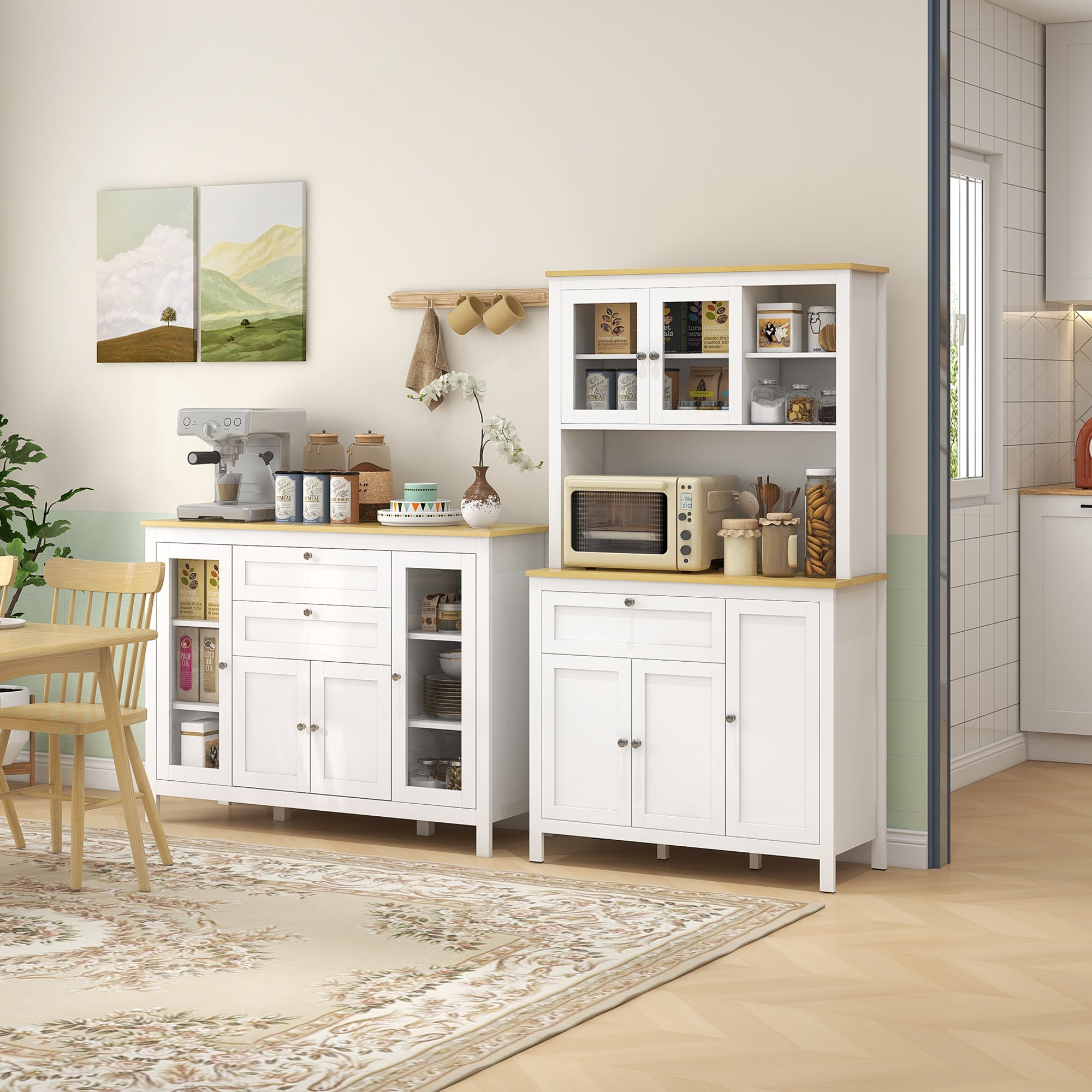 HOMCOM Sideboard Buffet Cabinet with 2 Drawers 3 Storage Cabinets, Coffee Bar Cabinet with Glass Doors, Kitchen Cabinet with Adjustable Shelves, Oak White