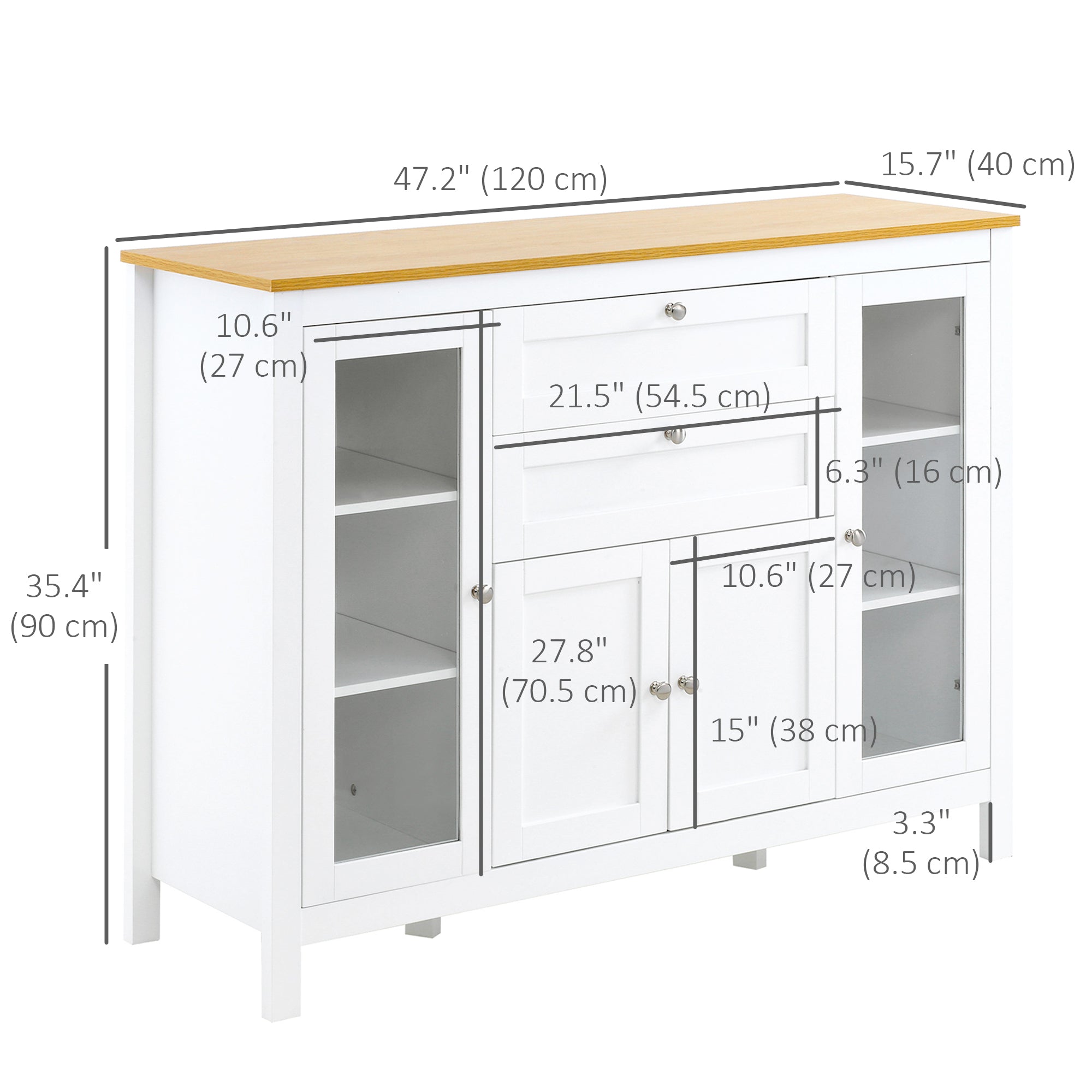 HOMCOM Sideboard Buffet Cabinet with 2 Drawers 3 Storage Cabinets, Coffee Bar Cabinet with Glass Doors, Kitchen Cabinet with Adjustable Shelves, Oak White