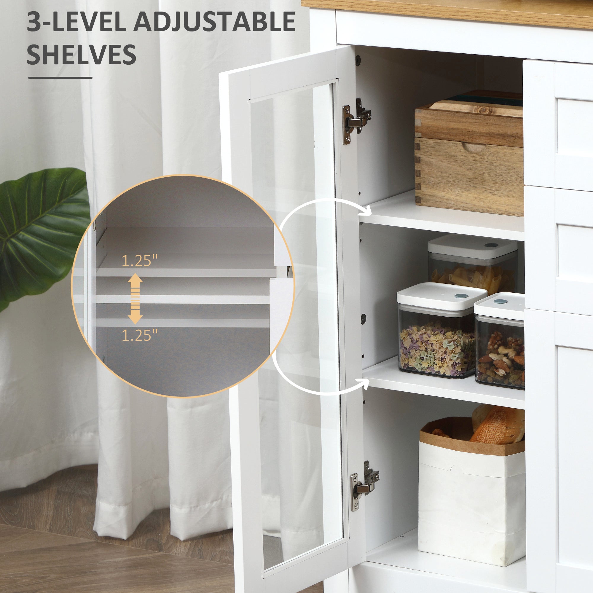 HOMCOM Sideboard Buffet Cabinet with 2 Drawers 3 Storage Cabinets, Coffee Bar Cabinet with Glass Doors, Kitchen Cabinet with Adjustable Shelves, Oak White