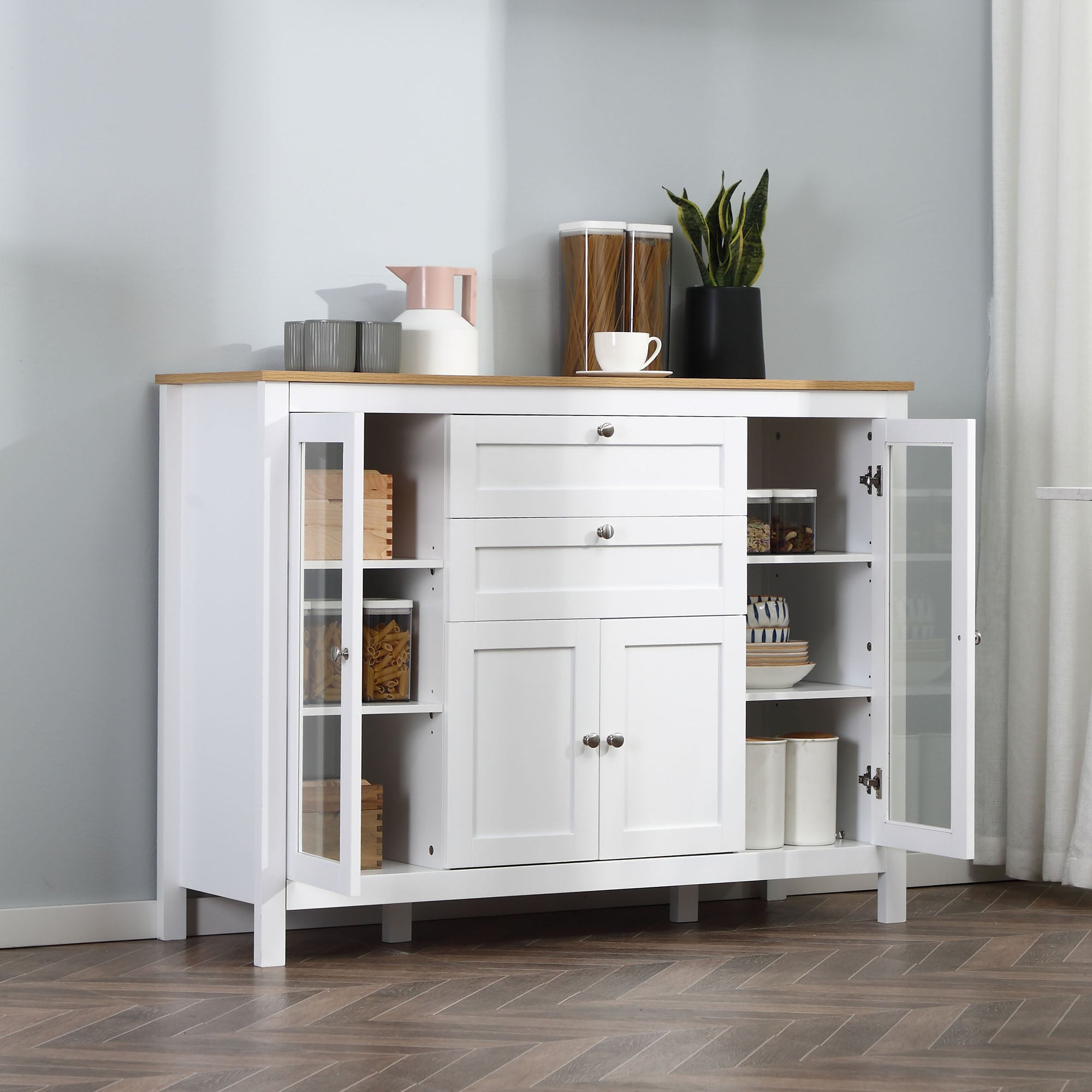 HOMCOM Sideboard Buffet Cabinet with 2 Drawers 3 Storage Cabinets, Coffee Bar Cabinet with Glass Doors, Kitchen Cabinet with Adjustable Shelves, Oak White
