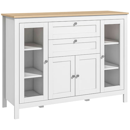 HOMCOM Sideboard Buffet Cabinet with 2 Drawers 3 Storage Cabinets, Coffee Bar Cabinet with Glass Doors, Kitchen Cabinet with Adjustable Shelves, Oak White