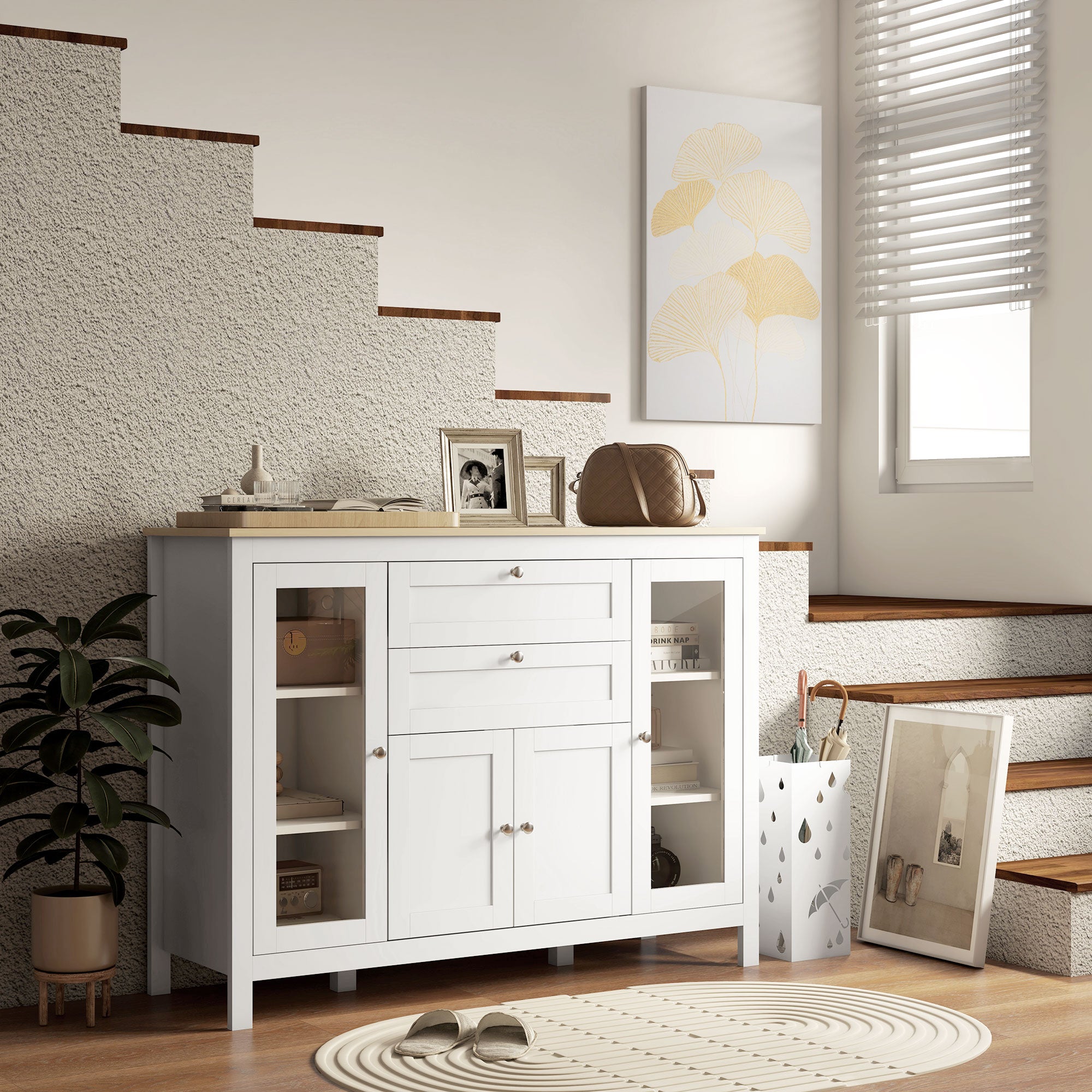 HOMCOM Sideboard Buffet Cabinet with 2 Drawers 3 Storage Cabinets, Coffee Bar Cabinet with Glass Doors, Kitchen Cabinet with Adjustable Shelves, Oak White