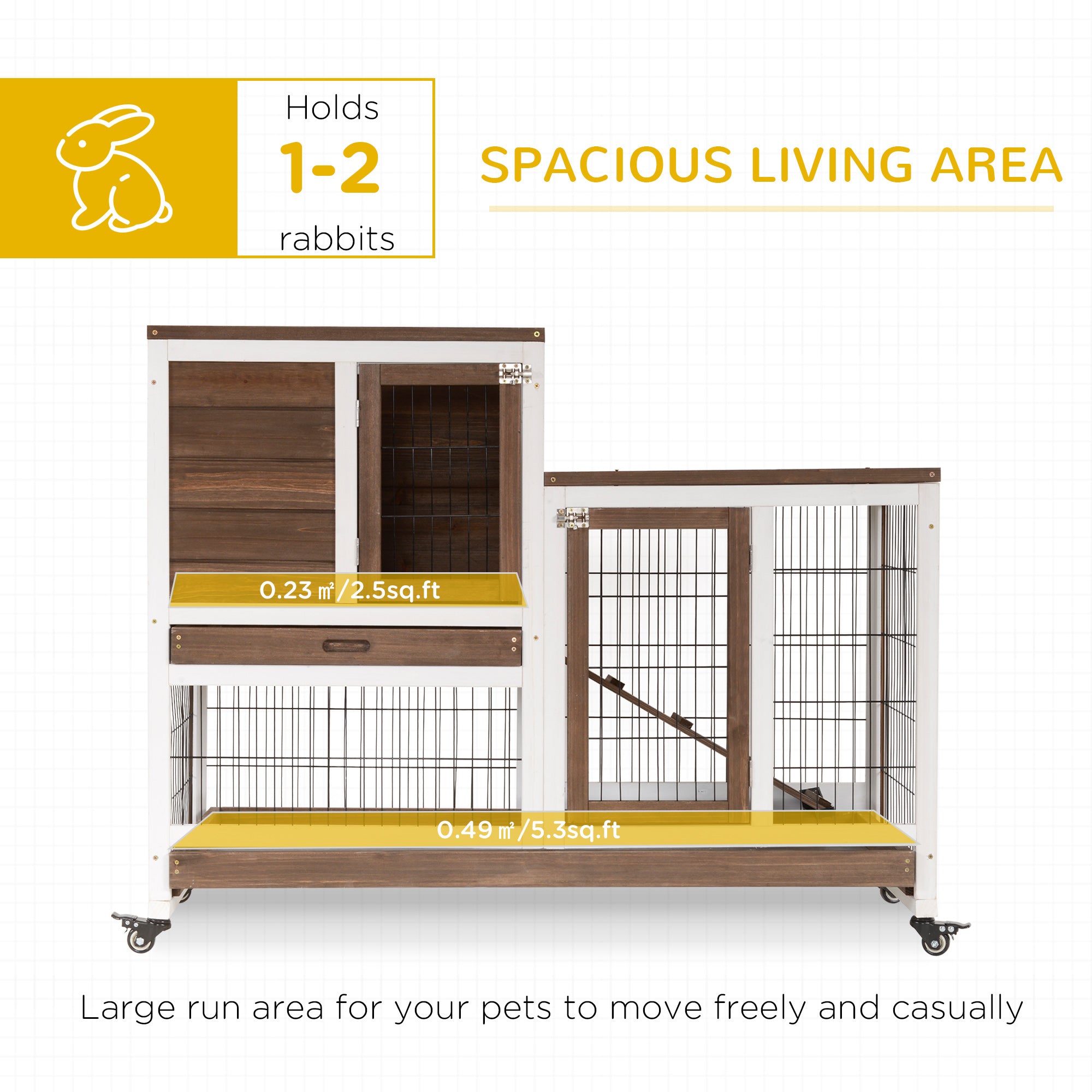 PawHut Rabbit Hutch Indoor Bunny Cage Guinea Pig House on Wheels with Run, Pull Out Trays, Brown and White