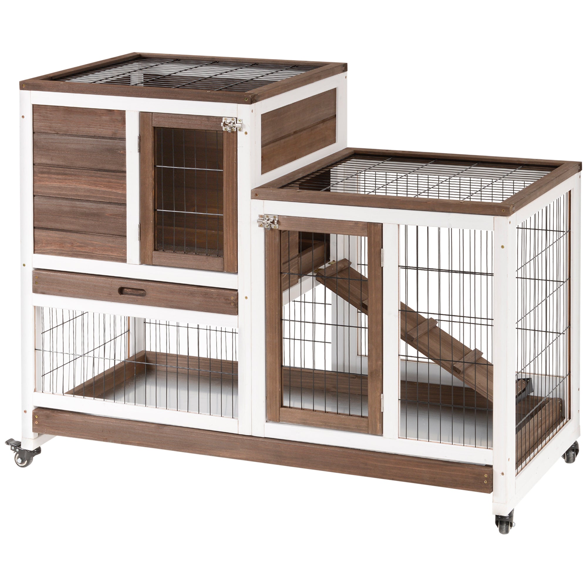 PawHut Rabbit Hutch Indoor Bunny Cage Guinea Pig House on Wheels with Run, Pull Out Trays, Brown and White
