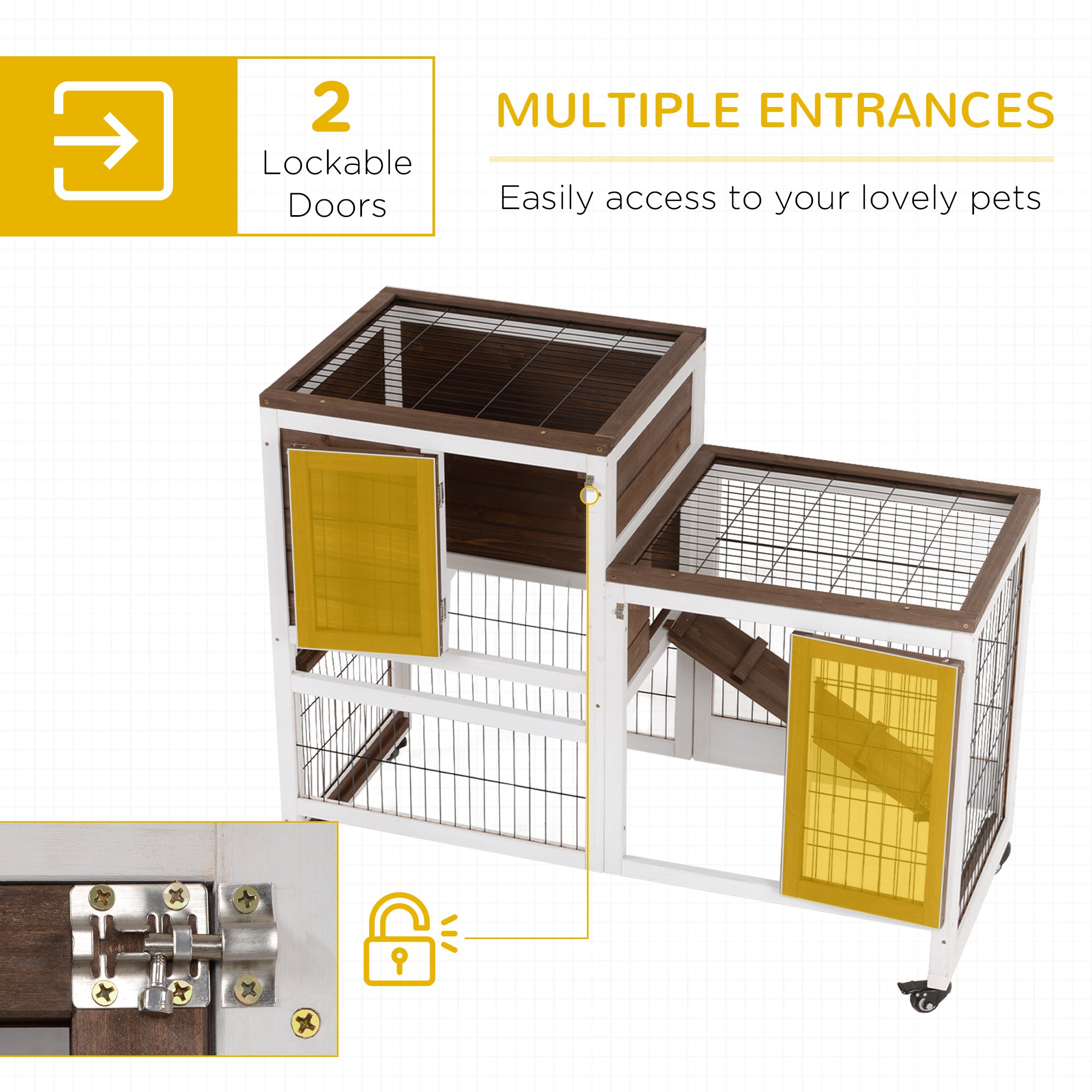 PawHut Rabbit Hutch Indoor Bunny Cage Guinea Pig House on Wheels with Run, Pull Out Trays, Brown and White