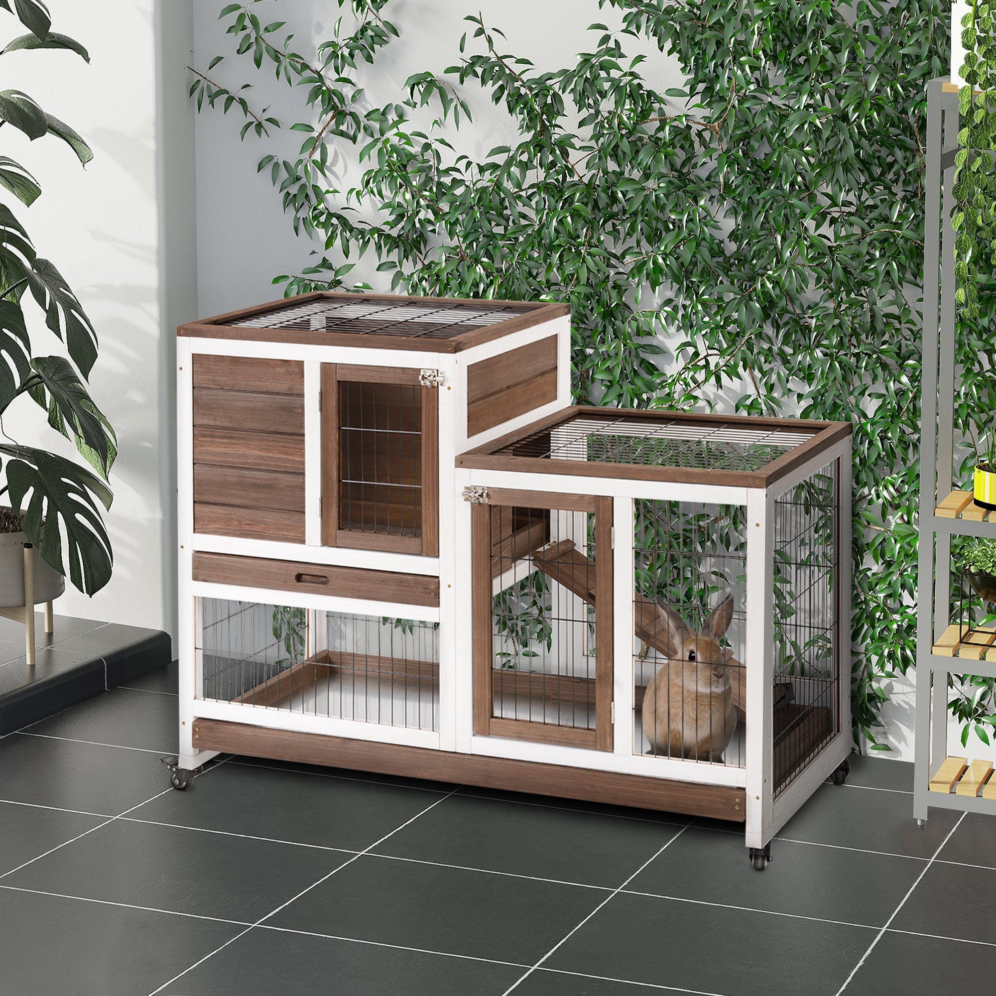 PawHut Wooden Indoor Rabbit Hutch Guinea Pig House Bunny Small Animal Cage W/ Wheels Enclosed Run 110 x 50 x 88 cm, Brown