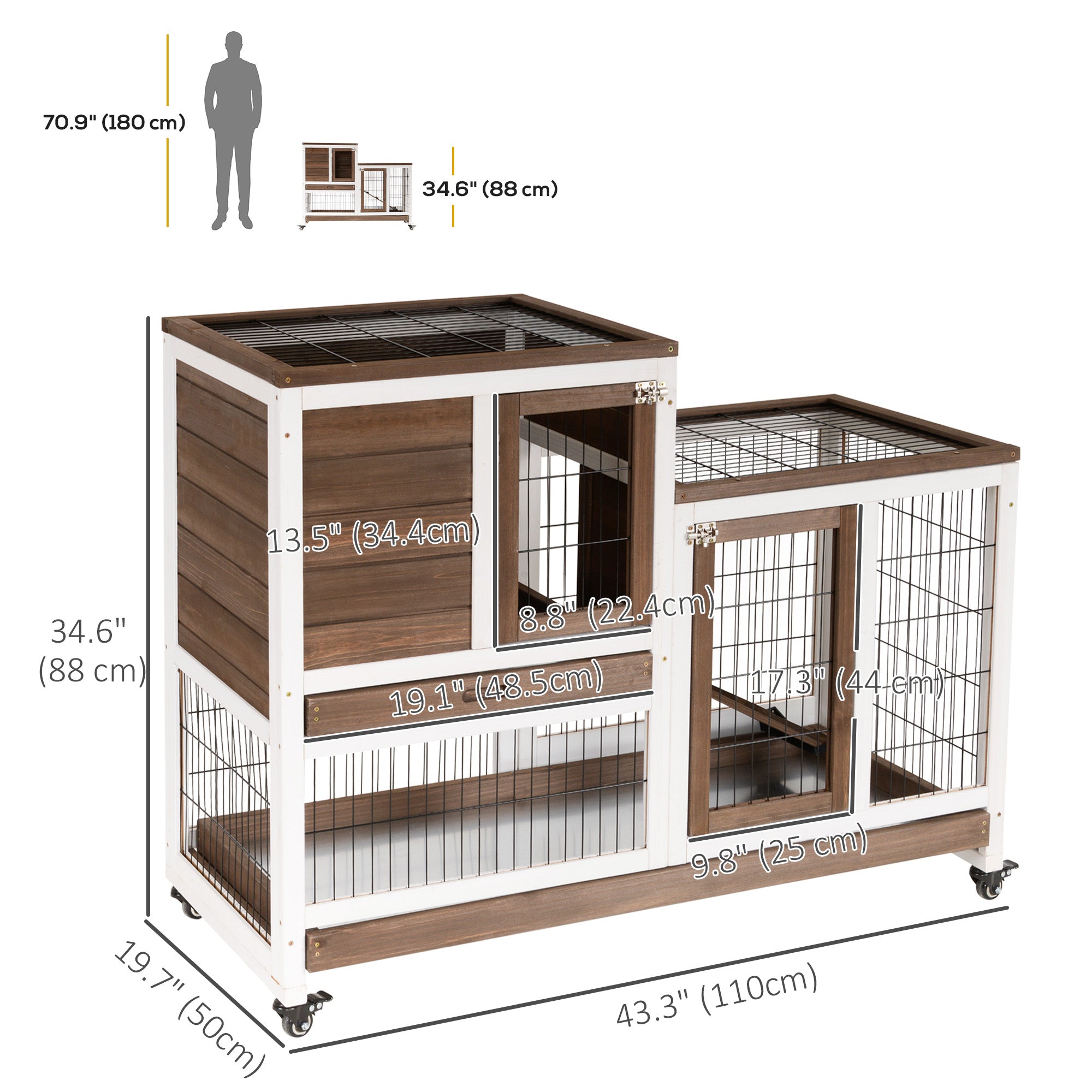 PawHut Rabbit Hutch Indoor Bunny Cage Guinea Pig House on Wheels with Run, Pull Out Trays, Brown and White