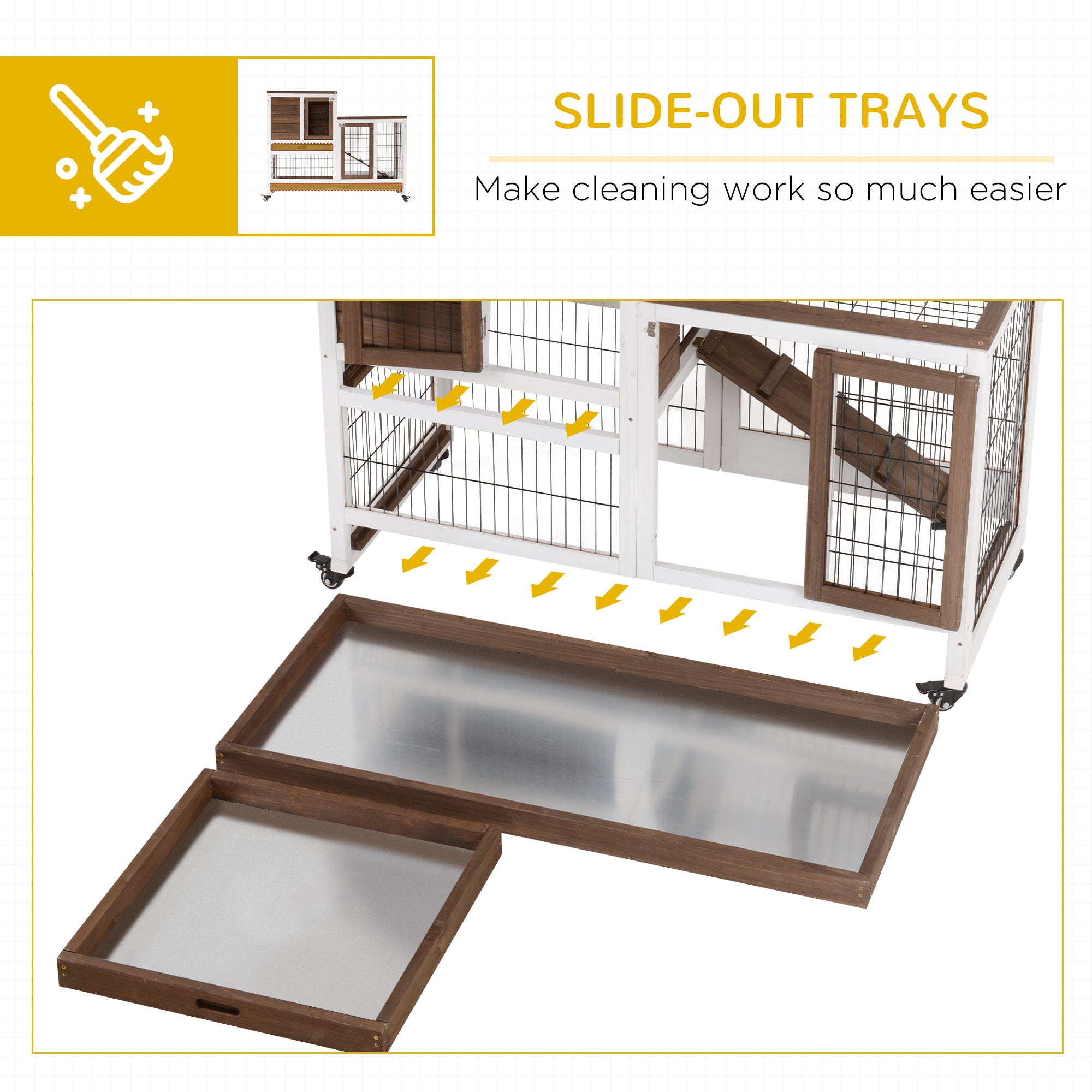 PawHut Rabbit Hutch Indoor Bunny Cage Guinea Pig House on Wheels with Run, Pull Out Trays, Brown and White