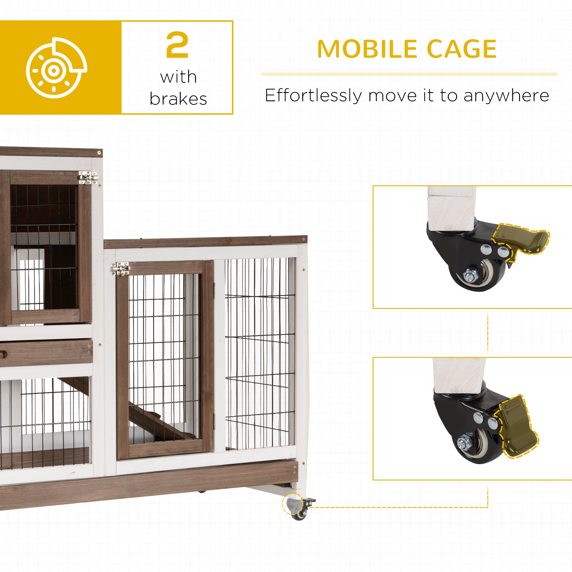 PawHut Rabbit Hutch Indoor Bunny Cage Guinea Pig House on Wheels with Run, Pull Out Trays, Brown and White