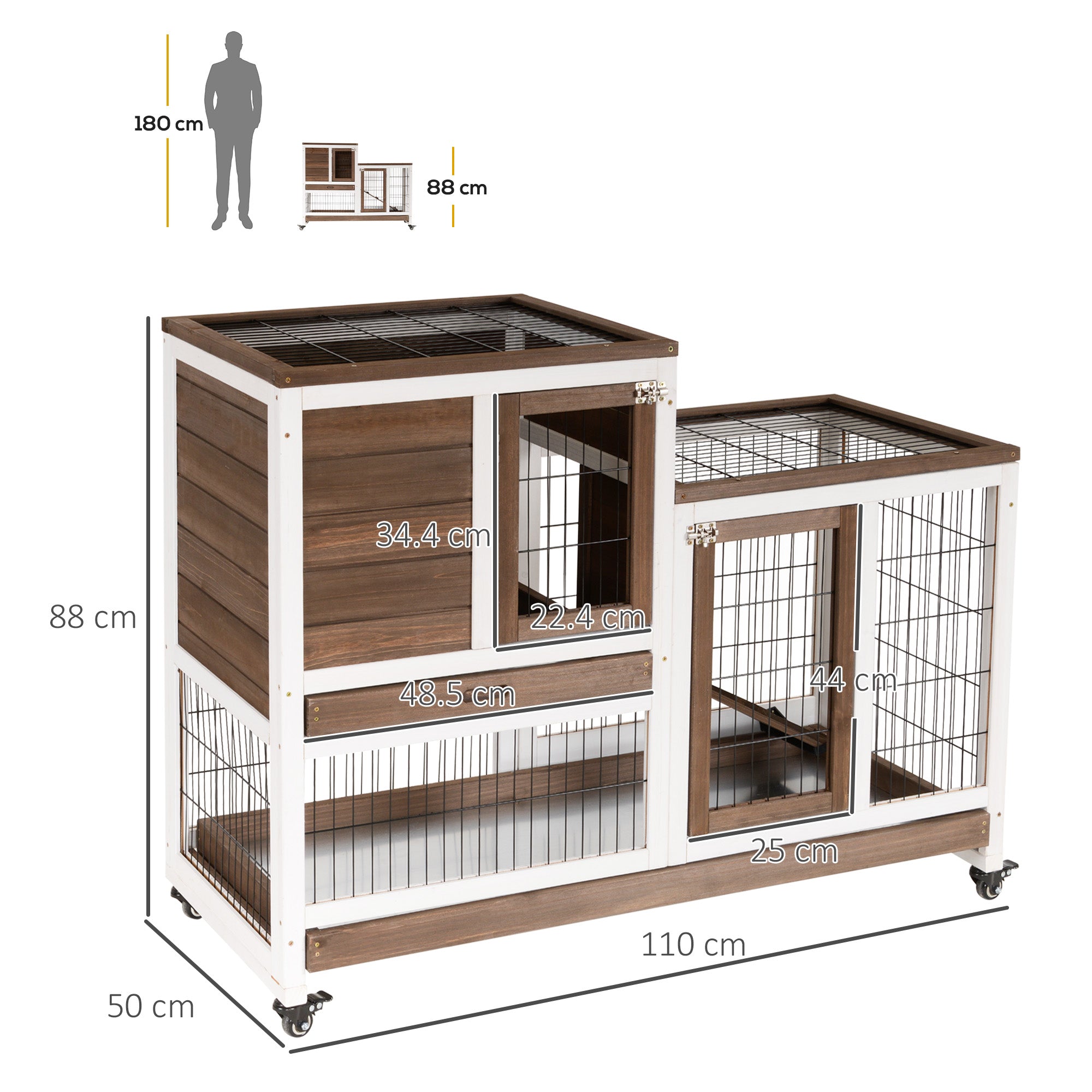PawHut Wooden Indoor Rabbit Hutch Guinea Pig House Bunny Small Animal Cage W/ Wheels Enclosed Run 110 x 50 x 88 cm, Brown