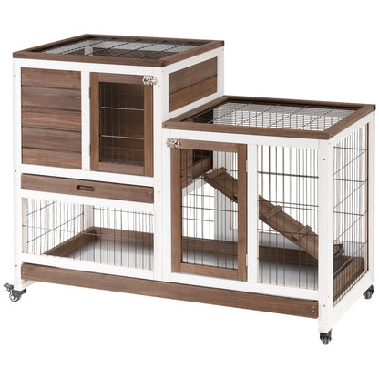 PawHut Rabbit Hutch Indoor Bunny Cage Guinea Pig House on Wheels with Run, Pull Out Trays, Brown and White