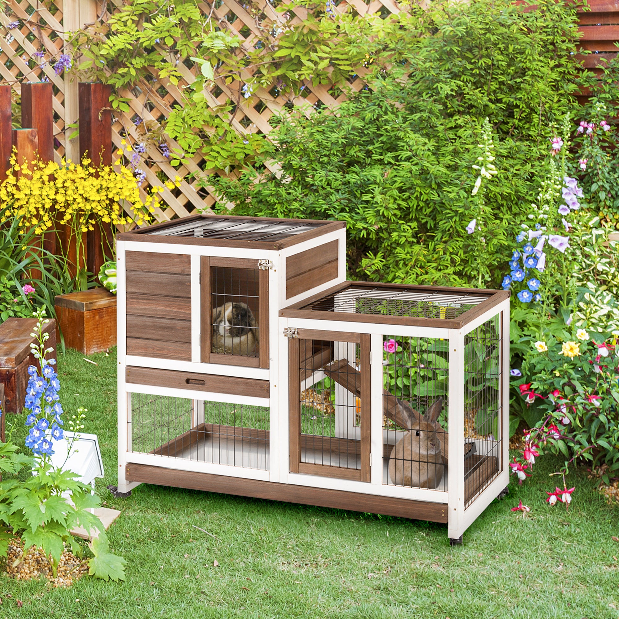 PawHut Rabbit Hutch Indoor Bunny Cage Guinea Pig House on Wheels with Run, Pull Out Trays, Brown and White