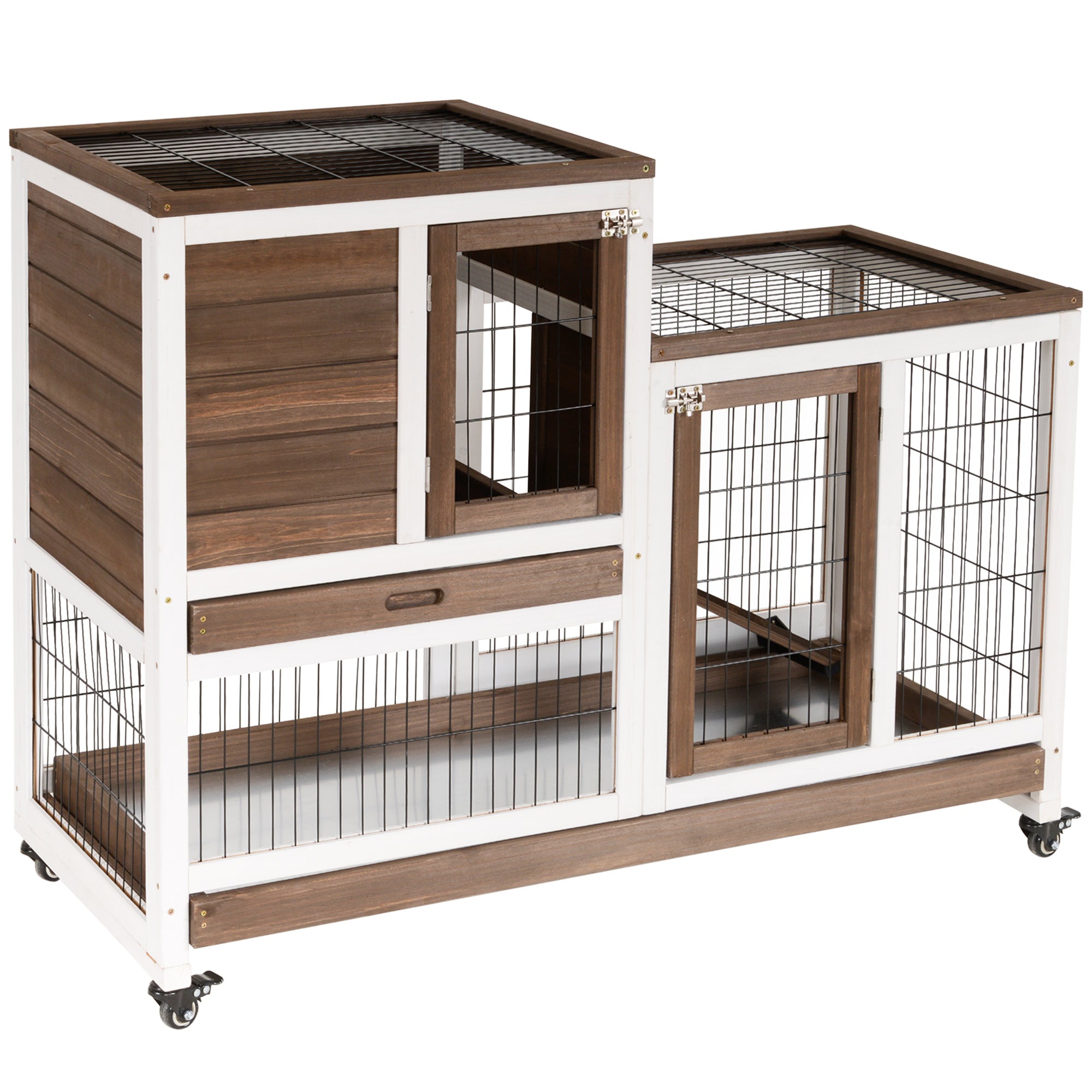 PawHut Wooden Indoor Rabbit Hutch Guinea Pig House Bunny Small Animal Cage W/ Wheels Enclosed Run 110 x 50 x 88 cm, Brown