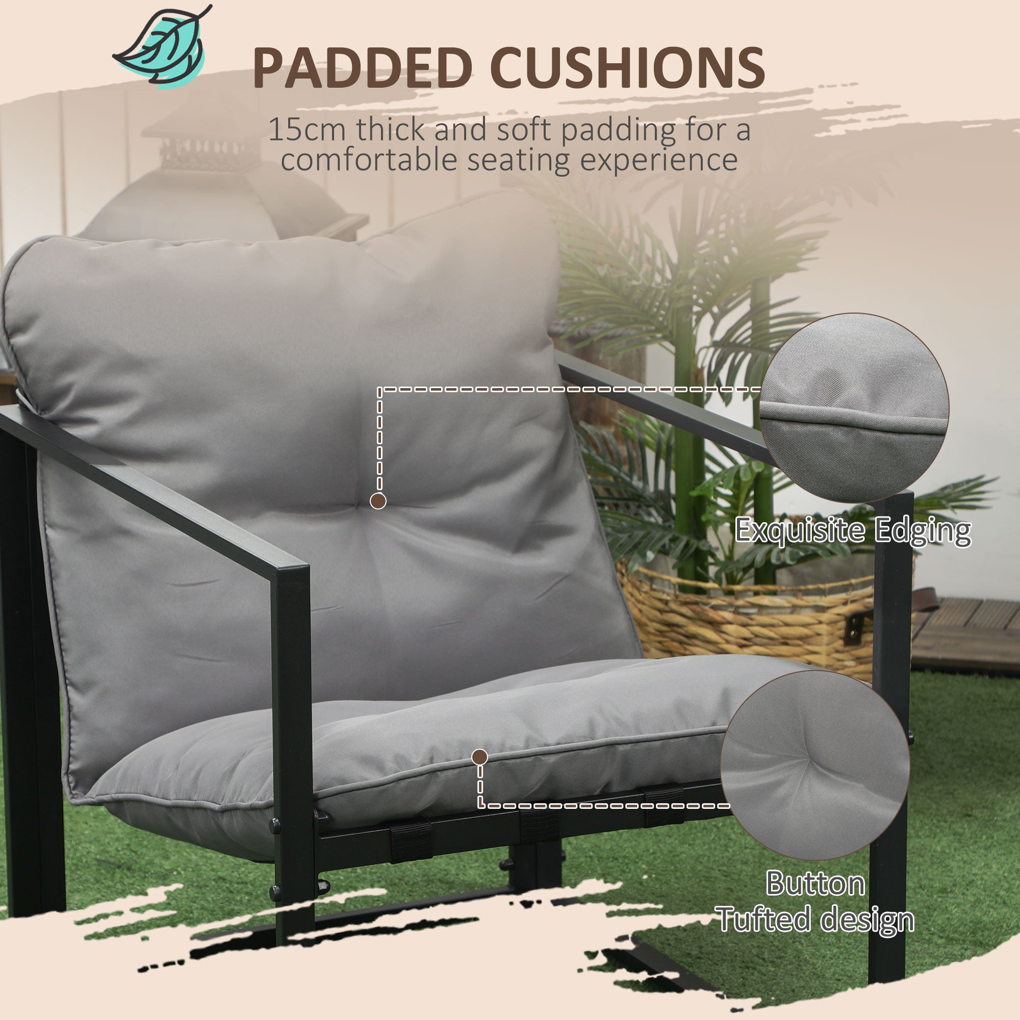 Outsunny 4 Piece Patio Furniture Set, Outdoor Conversation Set with Tempered Glass Table, Sofa, 2 Chairs and Cushions, Grey
