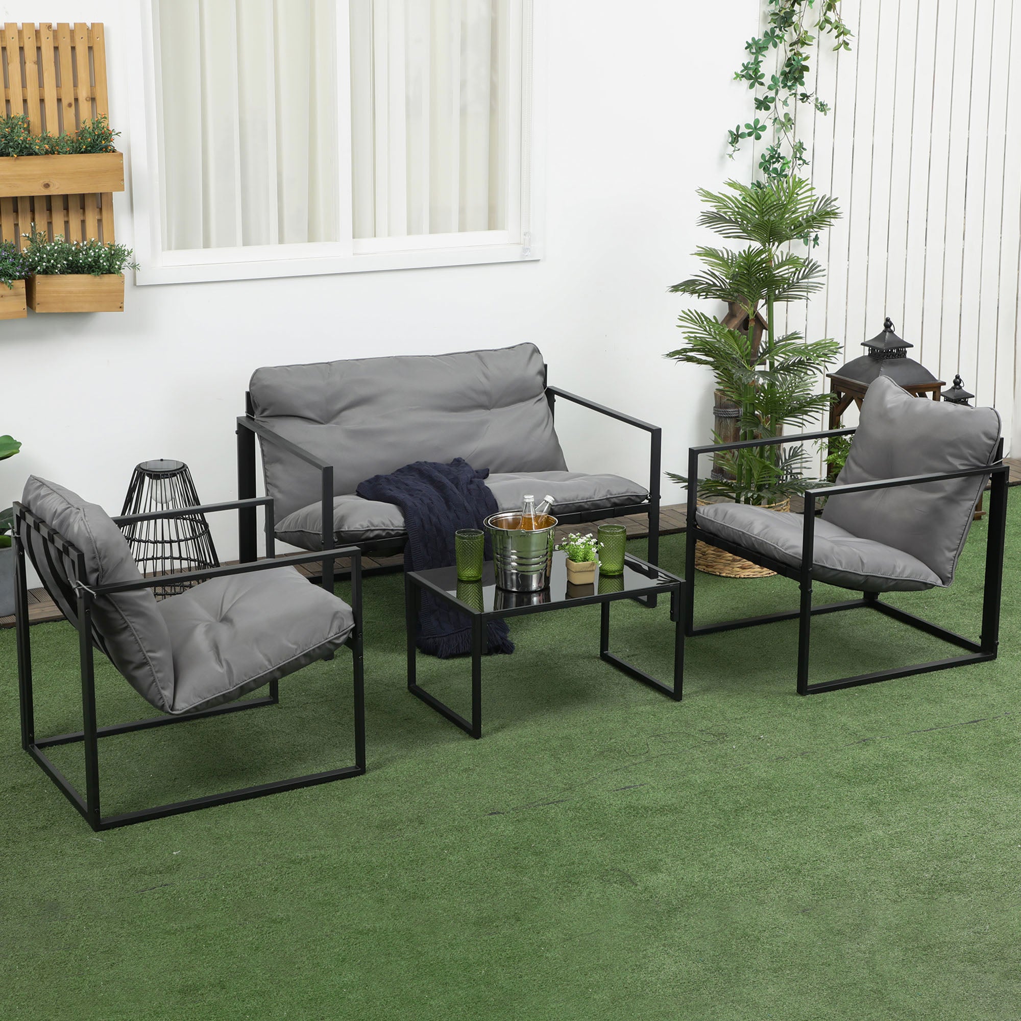 Outsunny 4 Piece Patio Furniture Set, Outdoor Conversation Set with Tempered Glass Table, Sofa, 2 Chairs and Cushions, Grey