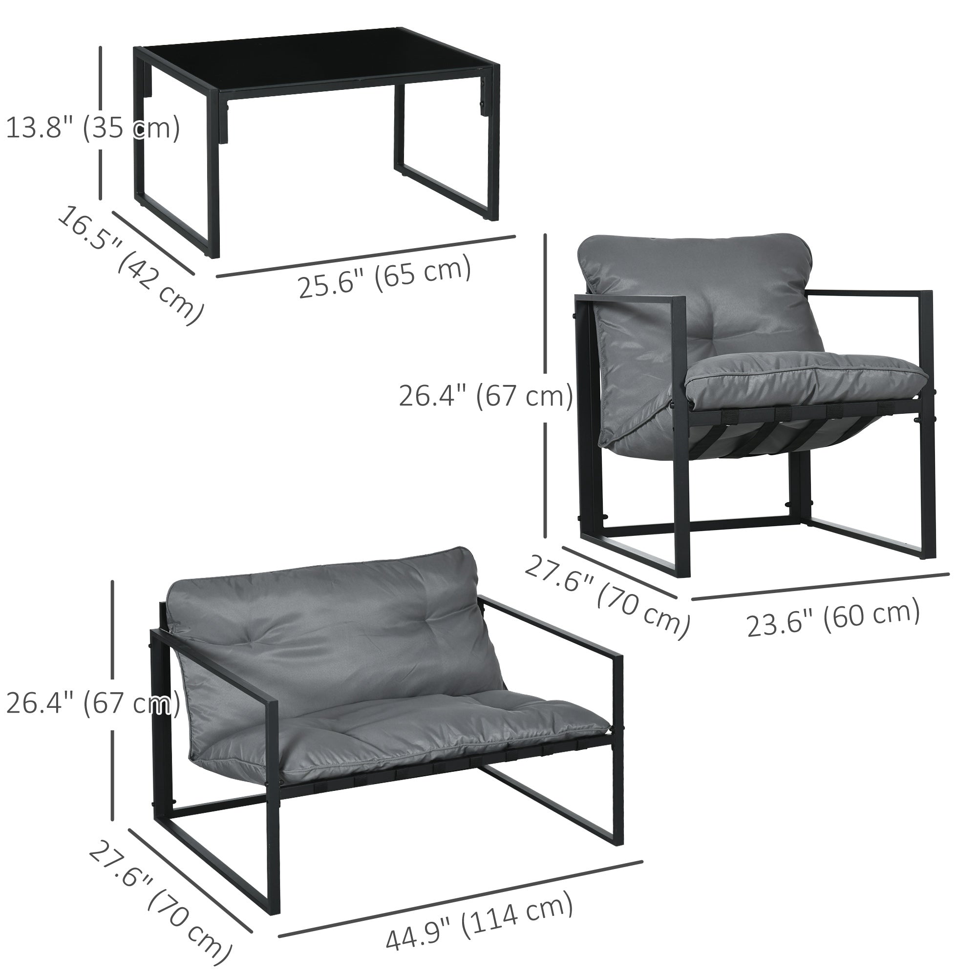 Outsunny 4 Piece Patio Furniture Set, Outdoor Conversation Set with Tempered Glass Table, Sofa, 2 Chairs and Cushions, Grey