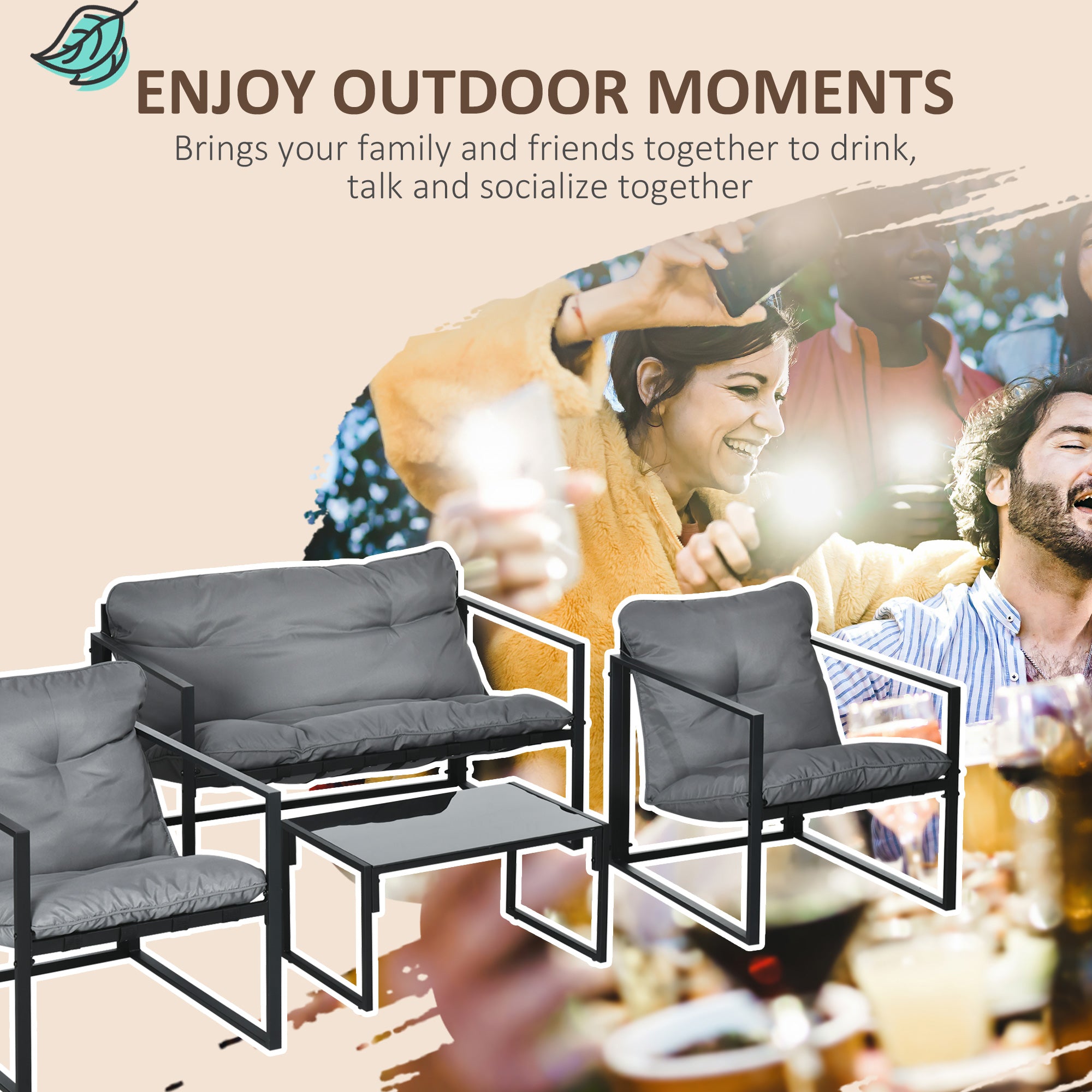 Outsunny 4 Piece Patio Furniture Set, Outdoor Conversation Set with Tempered Glass Table, Sofa, 2 Chairs and Cushions, Grey