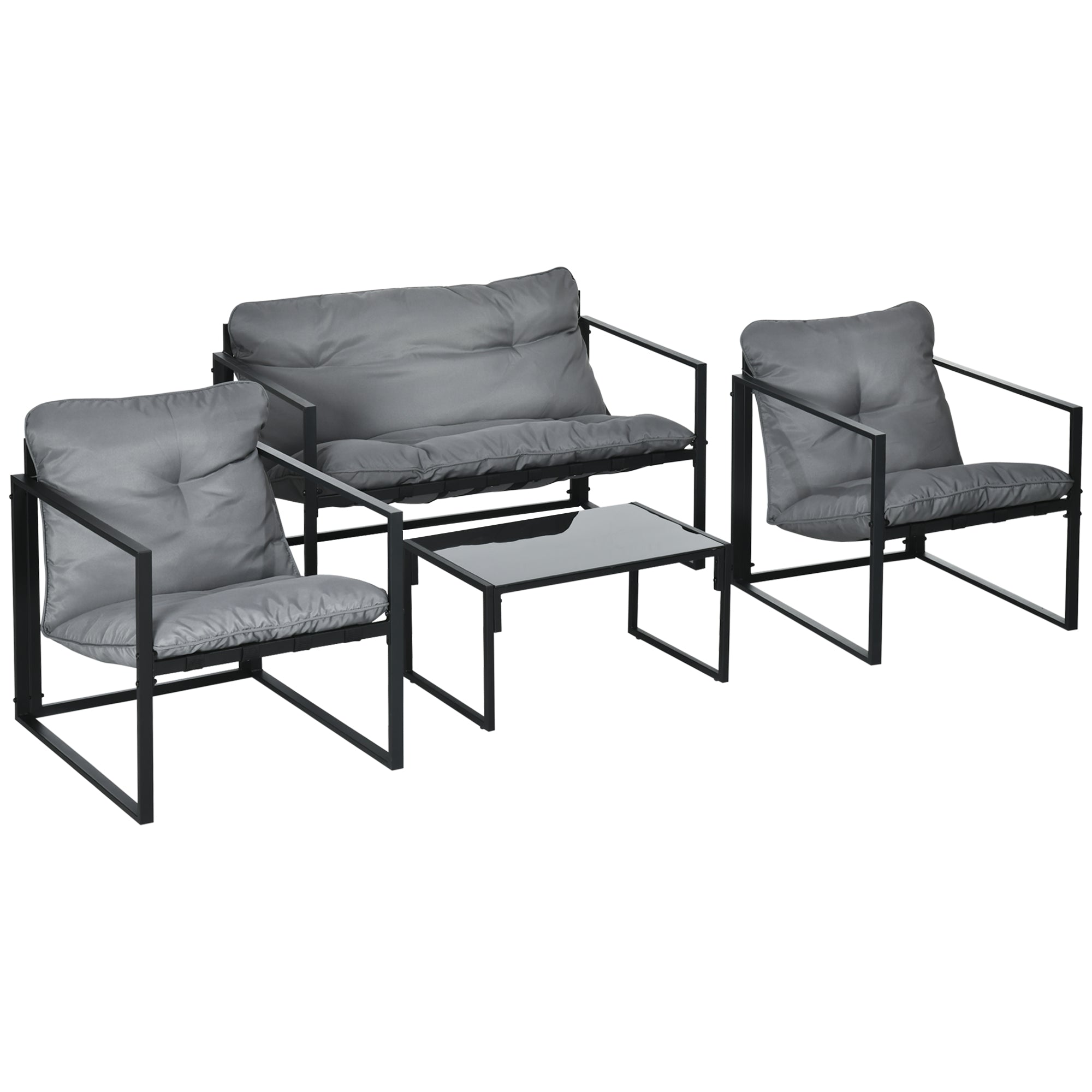 Outsunny 4 Piece Patio Furniture Set, Outdoor Conversation Set with Tempered Glass Table, Sofa, 2 Chairs and Cushions, Grey