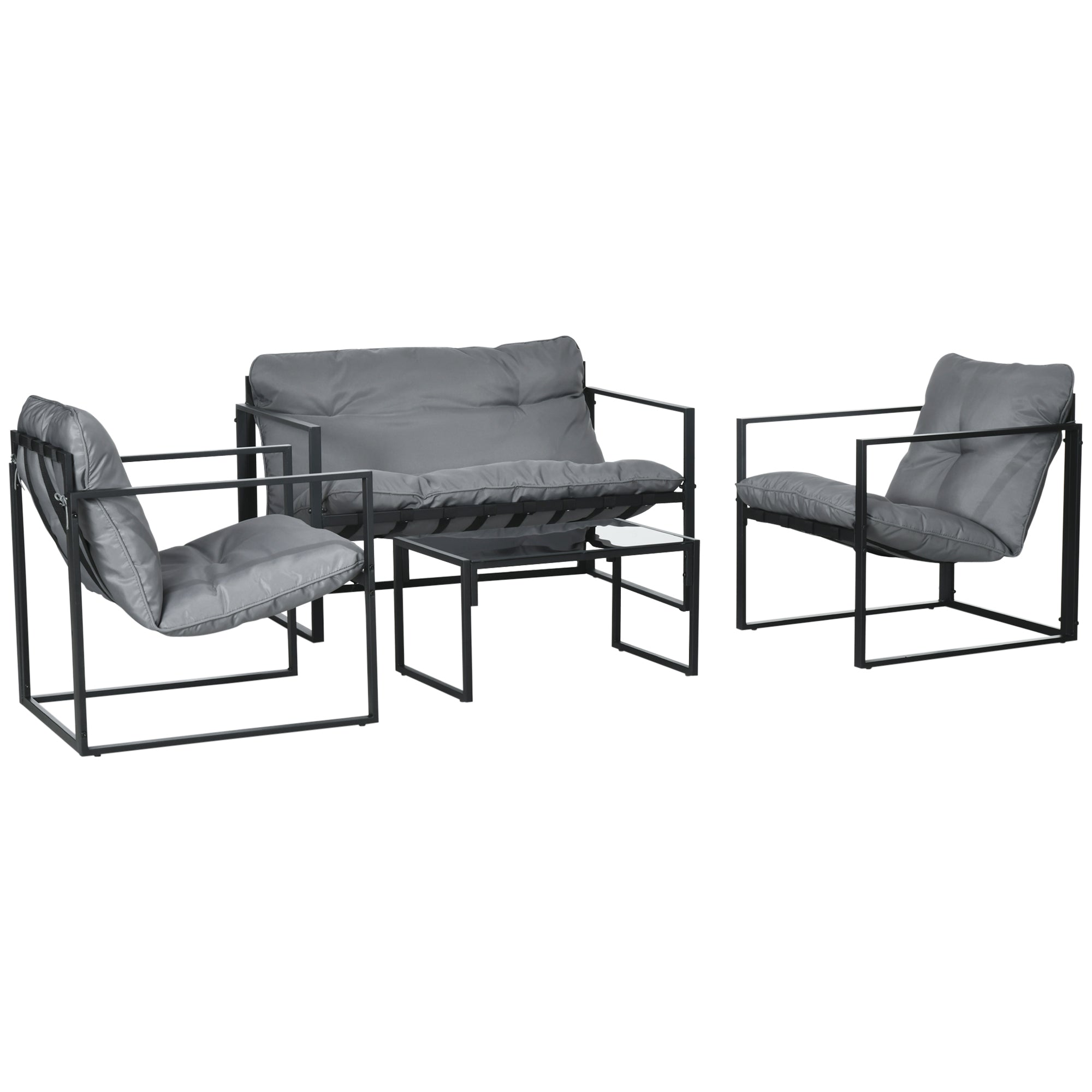 Outsunny 4 Piece Patio Furniture Set, Outdoor Conversation Set with Tempered Glass Table, Sofa, 2 Chairs and Cushions, Grey