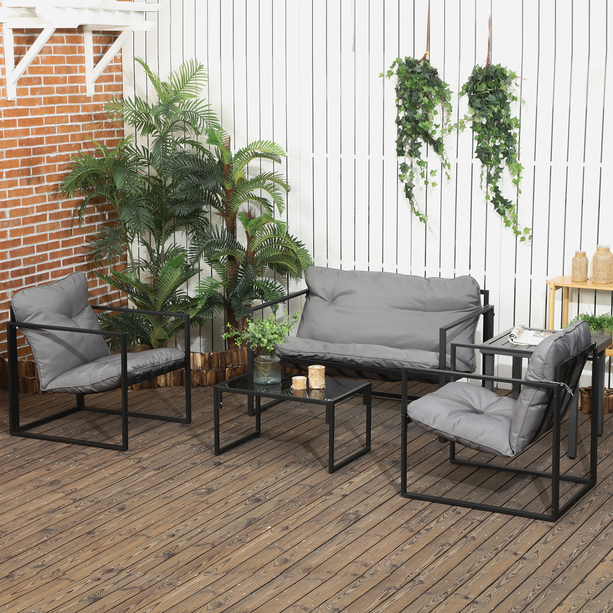 Outsunny 4 Piece Patio Furniture Set, Outdoor Conversation Set with Tempered Glass Table, Sofa, 2 Chairs and Cushions, Grey
