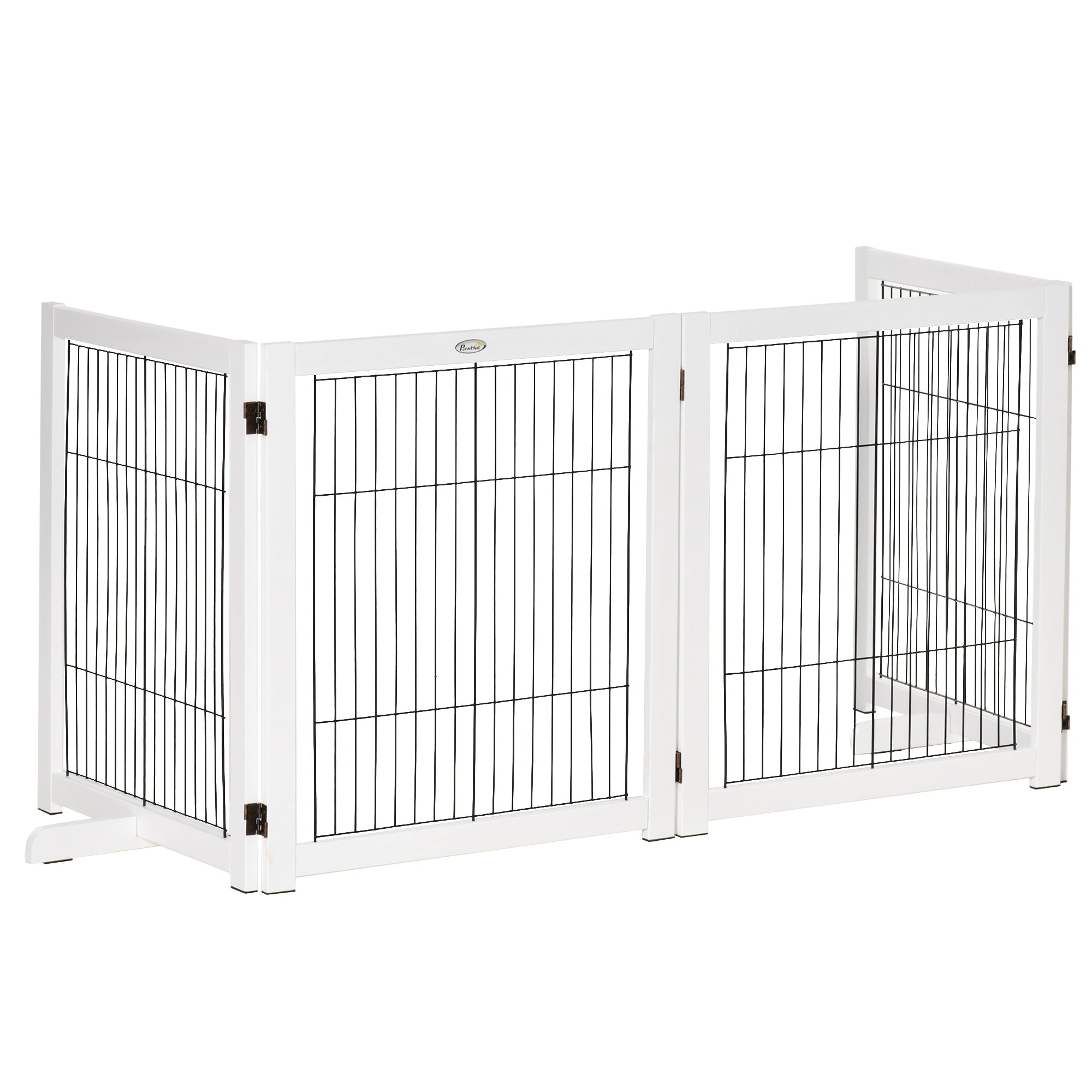 PawHut Freestanding Pet Gate 4 Panel Wooden Dog Barrier Foldable Safety Fence with Support Feet 264cm Long 77cm Tall for Doorway Stairs White