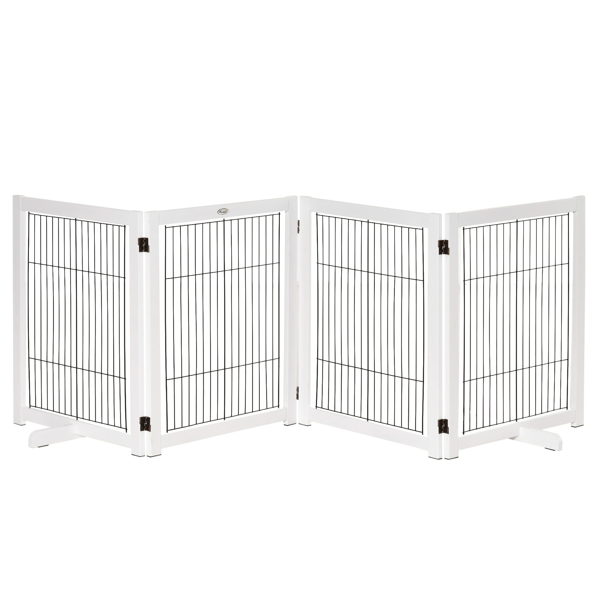 PawHut Freestanding Pet Gate 4 Panel Wooden Dog Barrier Foldable Safety Fence with Support Feet 264cm Long 77cm Tall for Doorway Stairs White